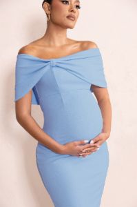 Alyssa | Powder Blue Bardot Bow Maternity Midi Dress with Ruching sold by Club L London