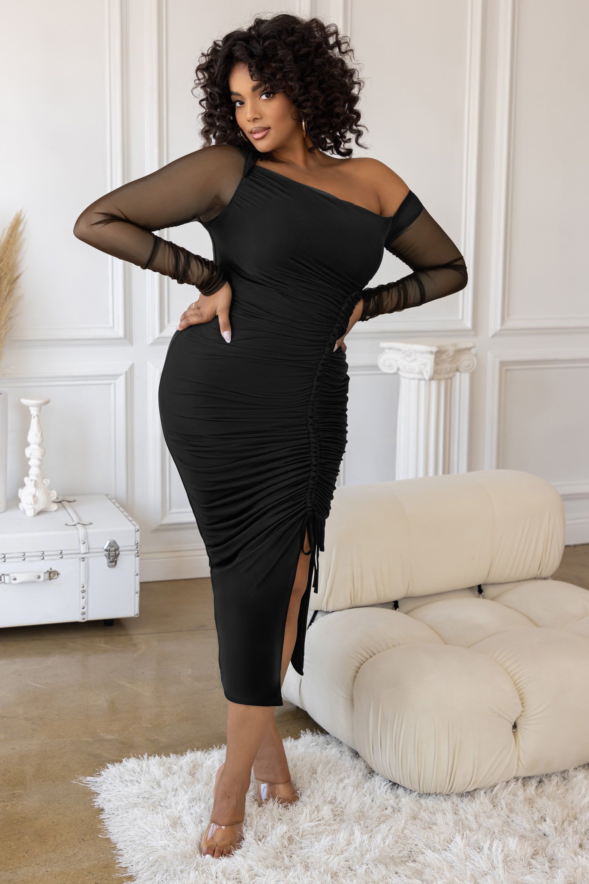 Temptation | Plus Black Ruched Mesh Long Sleeve Midi Dress sold by Club L London product image thumbnail 4