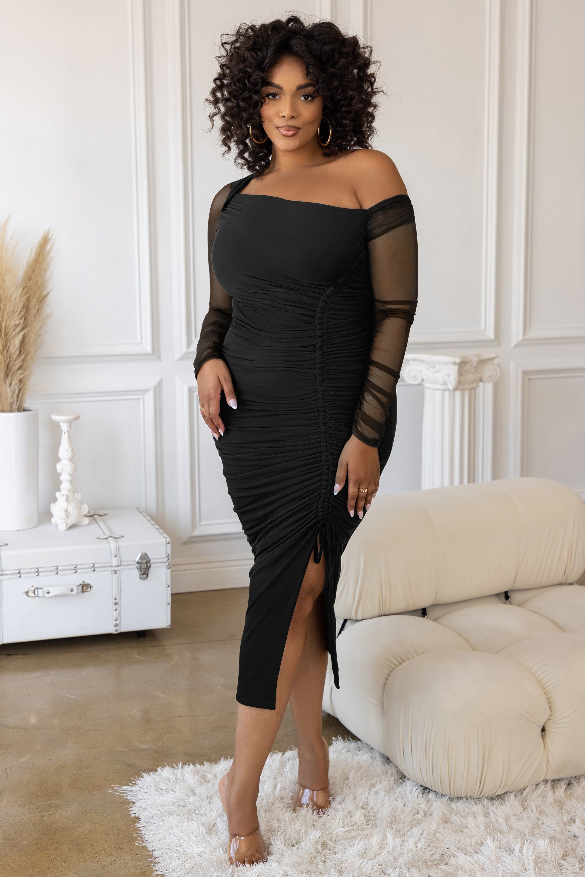 Temptation | Plus Black Ruched Mesh Long Sleeve Midi Dress sold by Club L London product image thumbnail 3