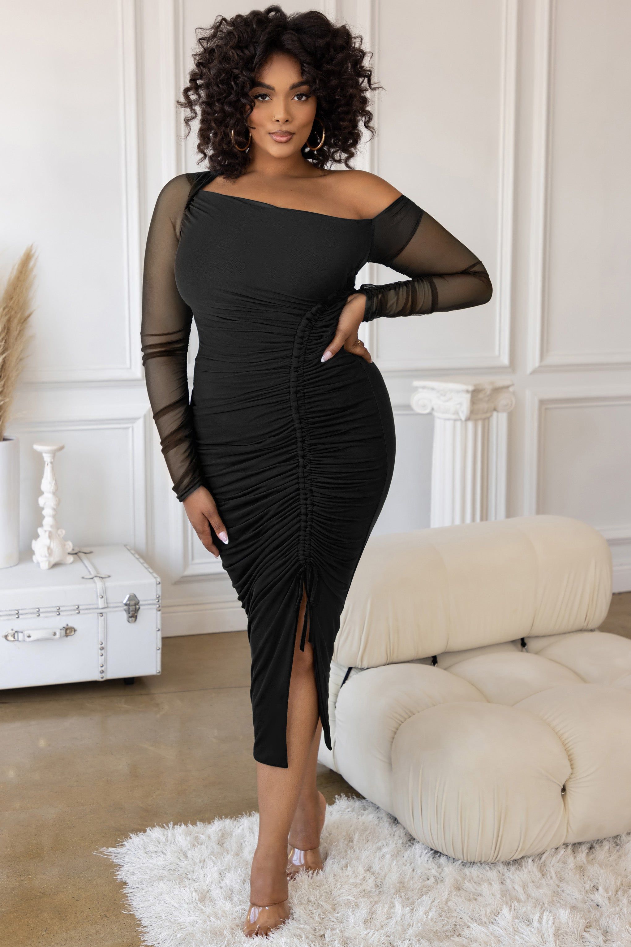 Temptation | Plus Black Ruched Mesh Long Sleeve Midi Dress sold by Club L London