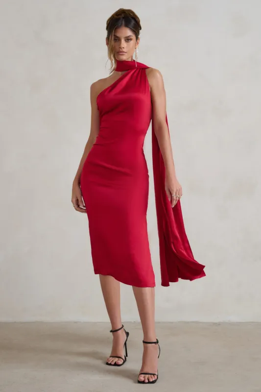 Madame | Berry Red Satin Asymmetric Scarf Neck Backless Midi Dress sold by Club L London