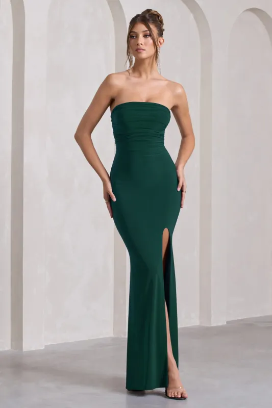 Midnight Calling | Bottle Green Bandeau Split Lace-Up Maxi Dress sold by Club L London