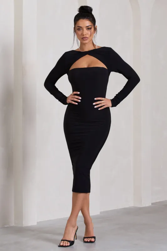 Disconnect | Black Bodycon Twist Neck Midi Dress With Strappy Back sold by Club L London