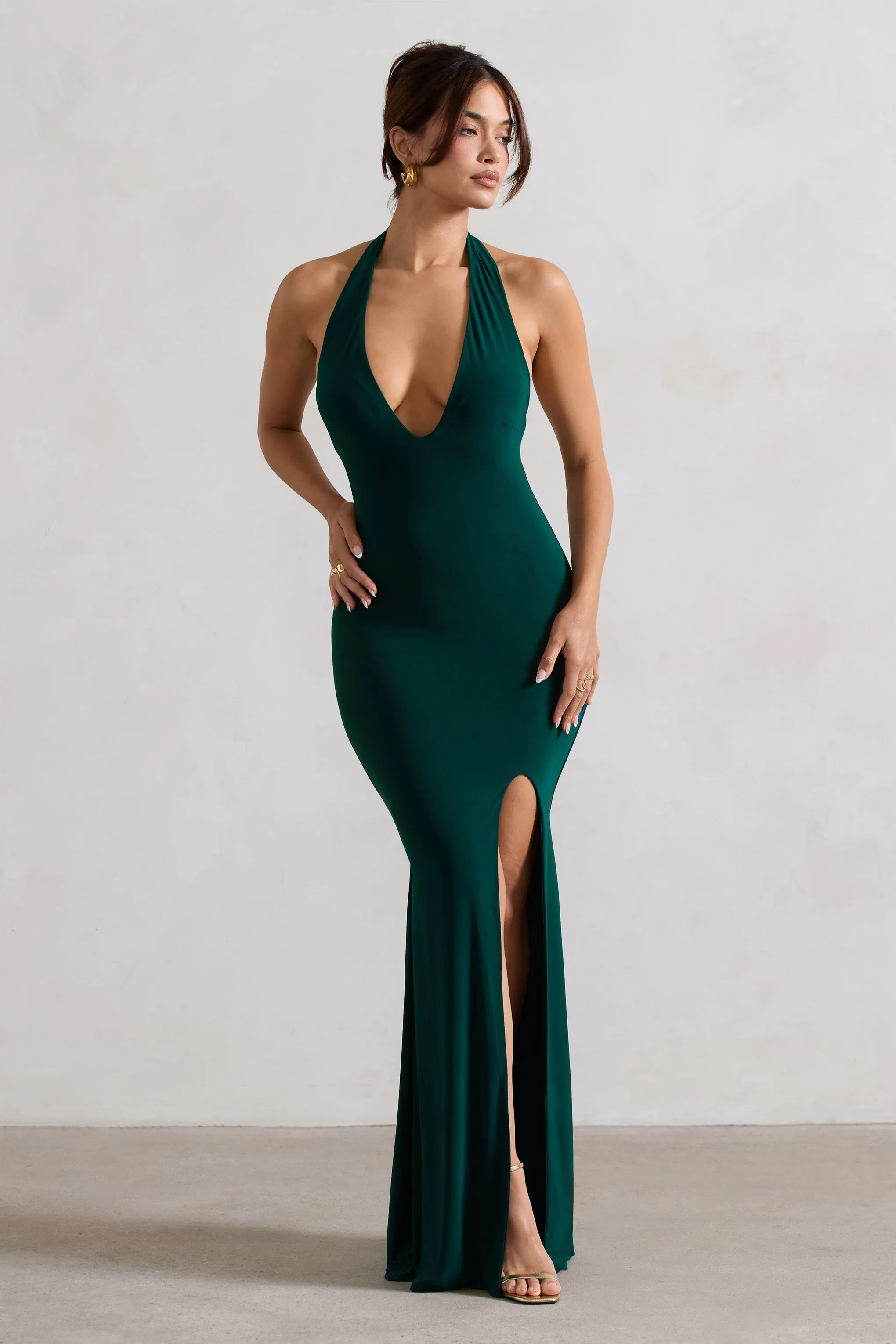 Glamour | Bottle Green Backless V Plunge Halter Neck Maxi Dress With Side Split sold by Club L London product image thumbnail 5