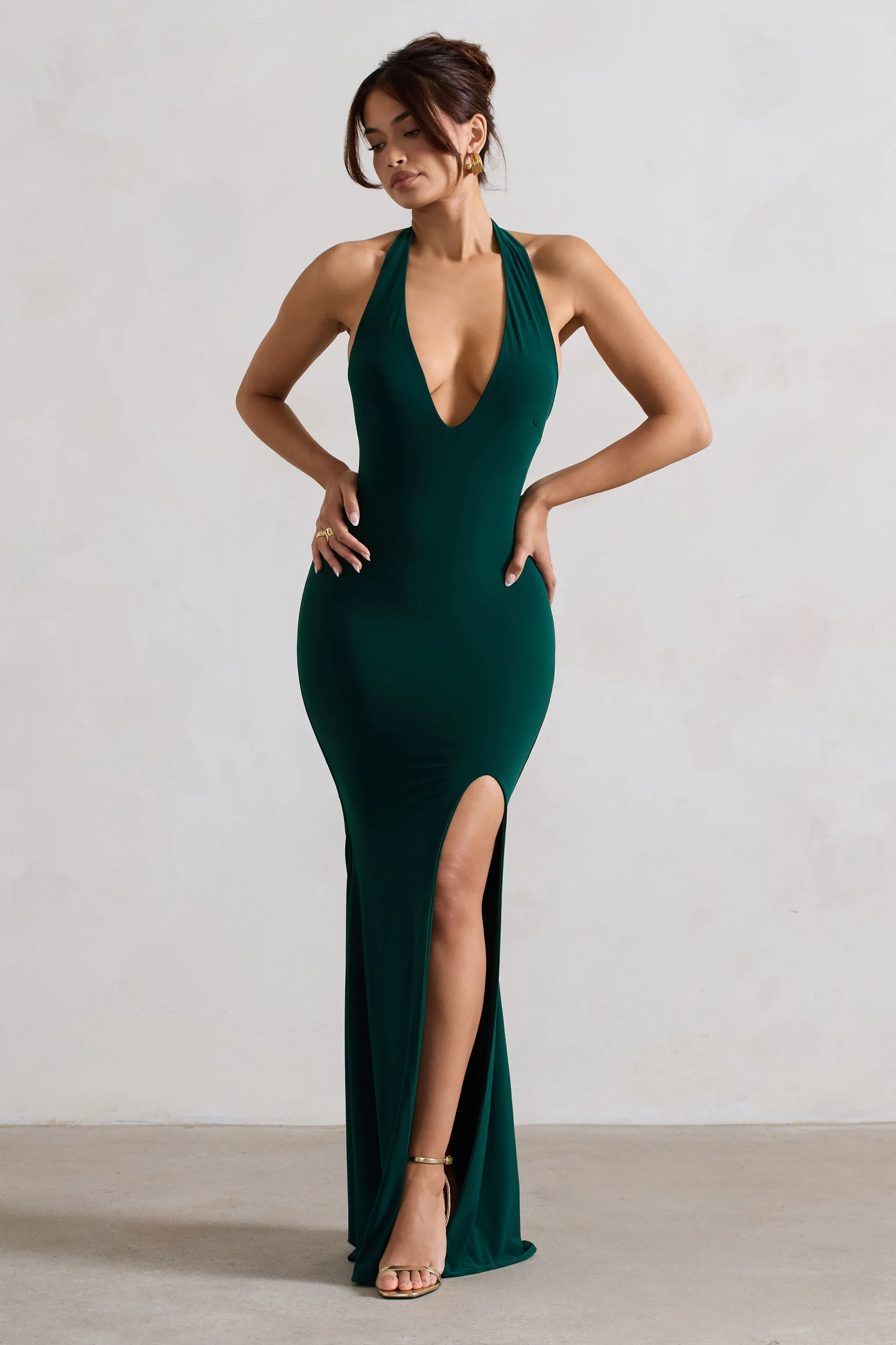 Glamour | Bottle Green Backless V Plunge Halter Neck Maxi Dress With Side Split sold by Club L London product image thumbnail 4