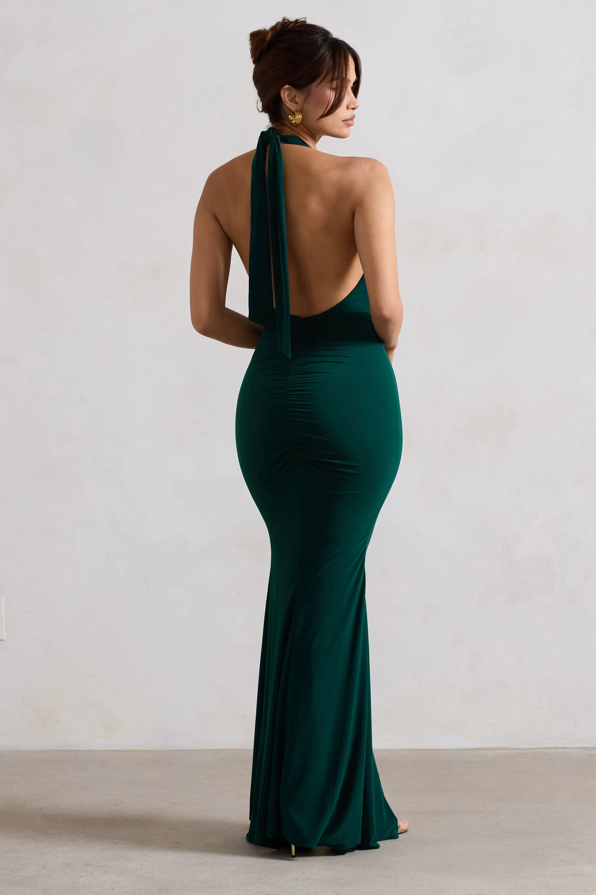 Glamour | Bottle Green Backless V Plunge Halter Neck Maxi Dress With Side Split sold by Club L London product image thumbnail 2