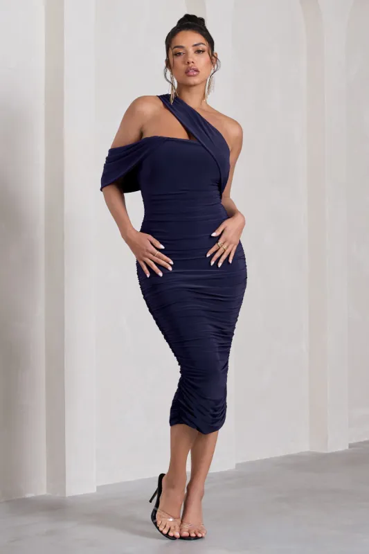 Cici | Navy Asymmetric One Shoulder Ruched Midi Dress sold by Club L London