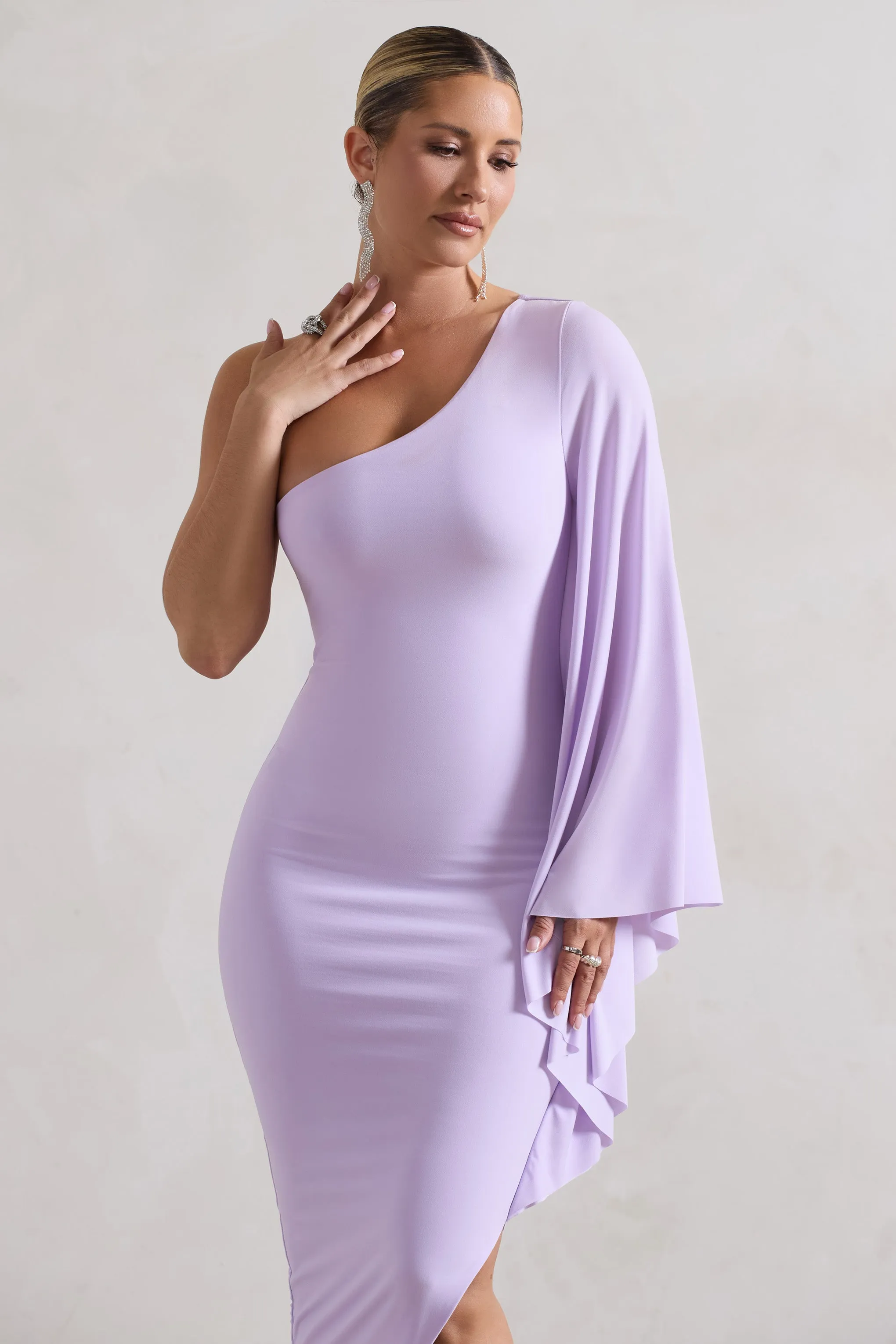 My Level | Lilac Asymmetric One Shoulder Cape Sleeve Midi Dress sold by Club L London product image thumbnail 5
