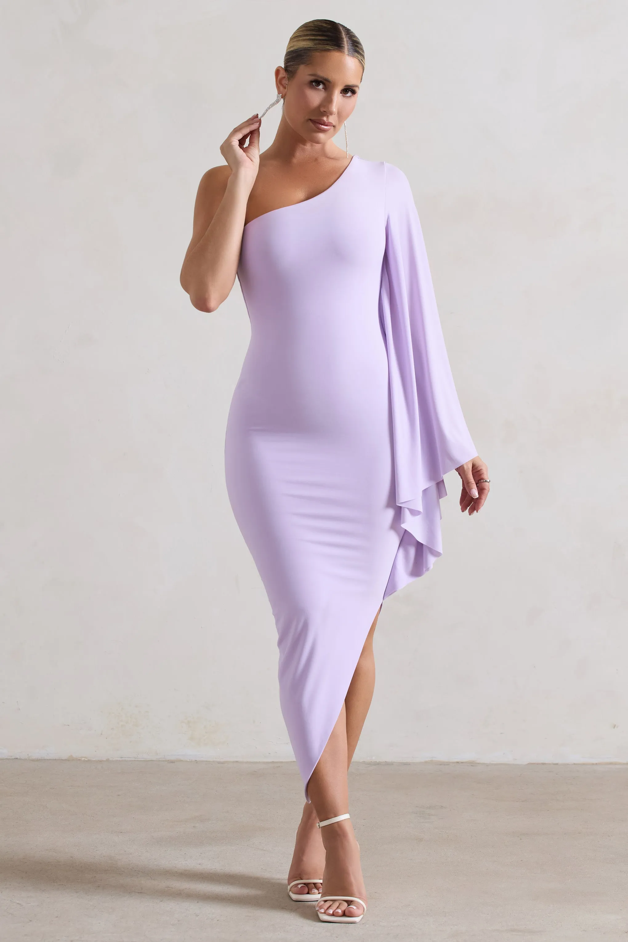 My Level | Lilac Asymmetric One Shoulder Cape Sleeve Midi Dress sold by Club L London