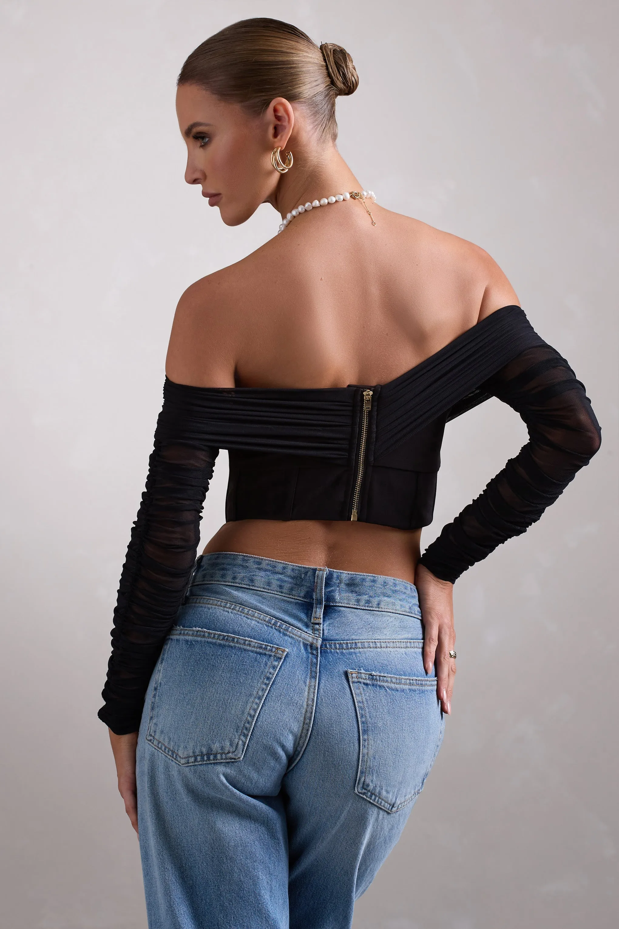 Dramatic | Black Sheer Bardot Long-Sleeved Corset Top sold by Club L London product image thumbnail 2