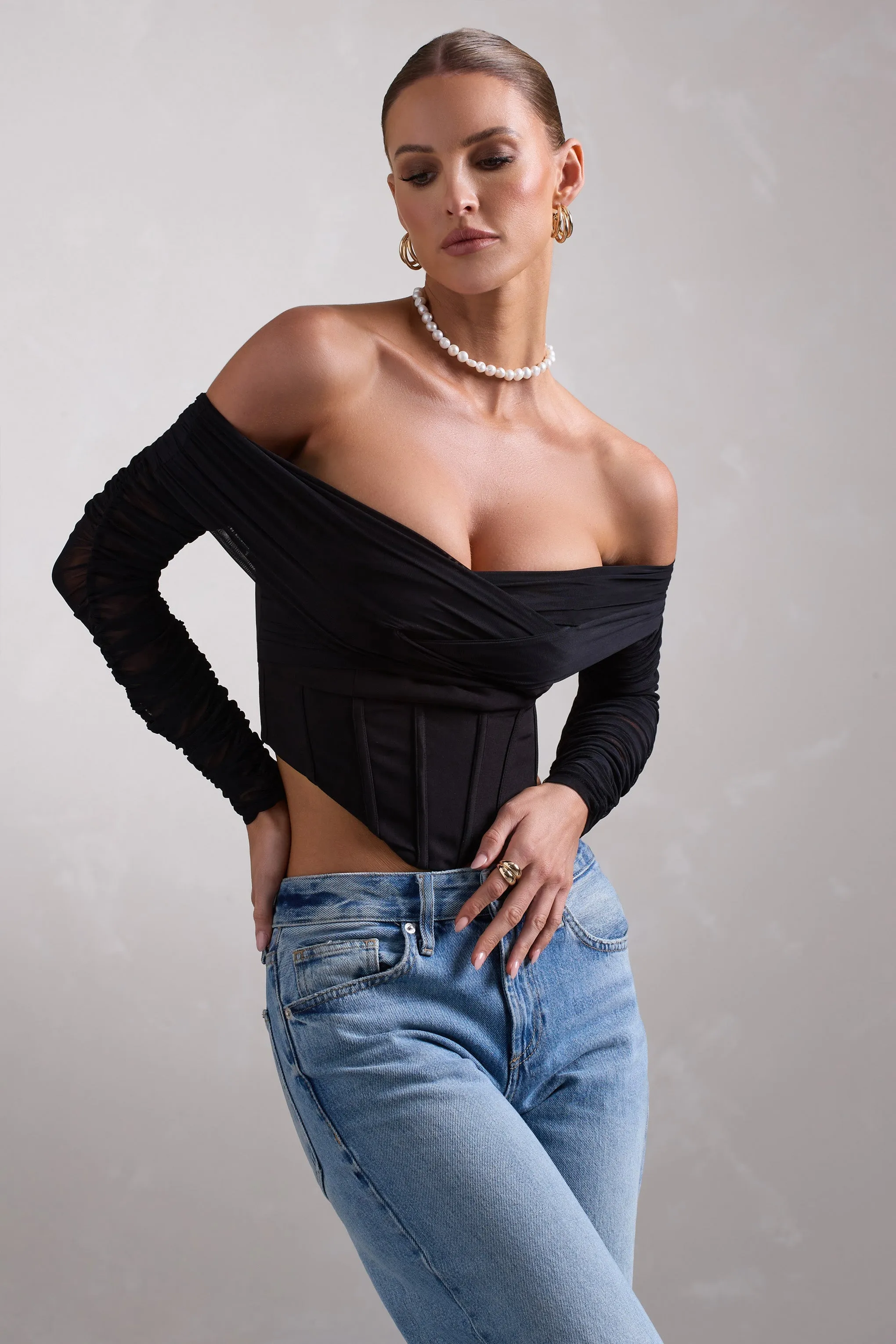 Dramatic | Black Sheer Bardot Long-Sleeved Corset Top sold by Club L London