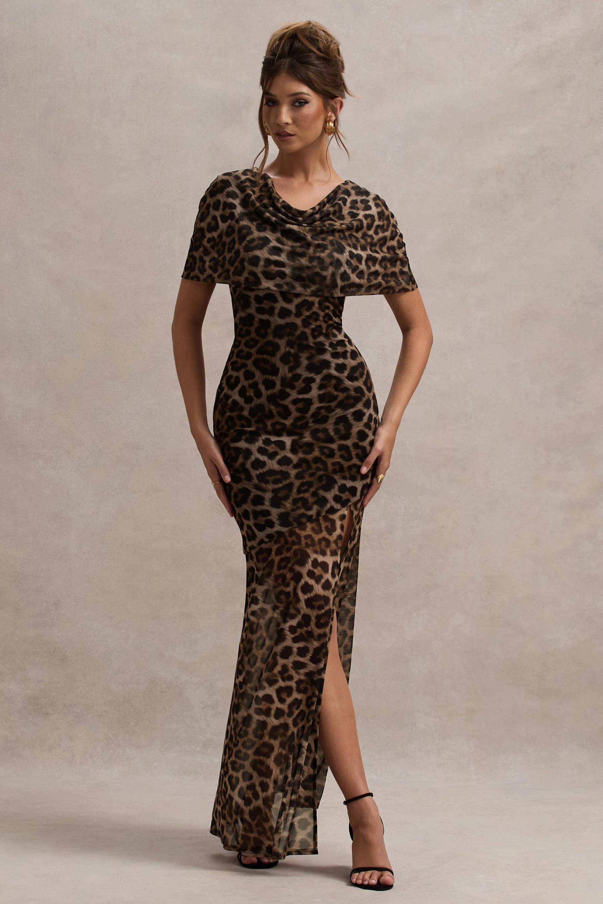 Gomez | Leopard Print Mesh Cowl-Neck Split Maxi Dress sold by Club L London