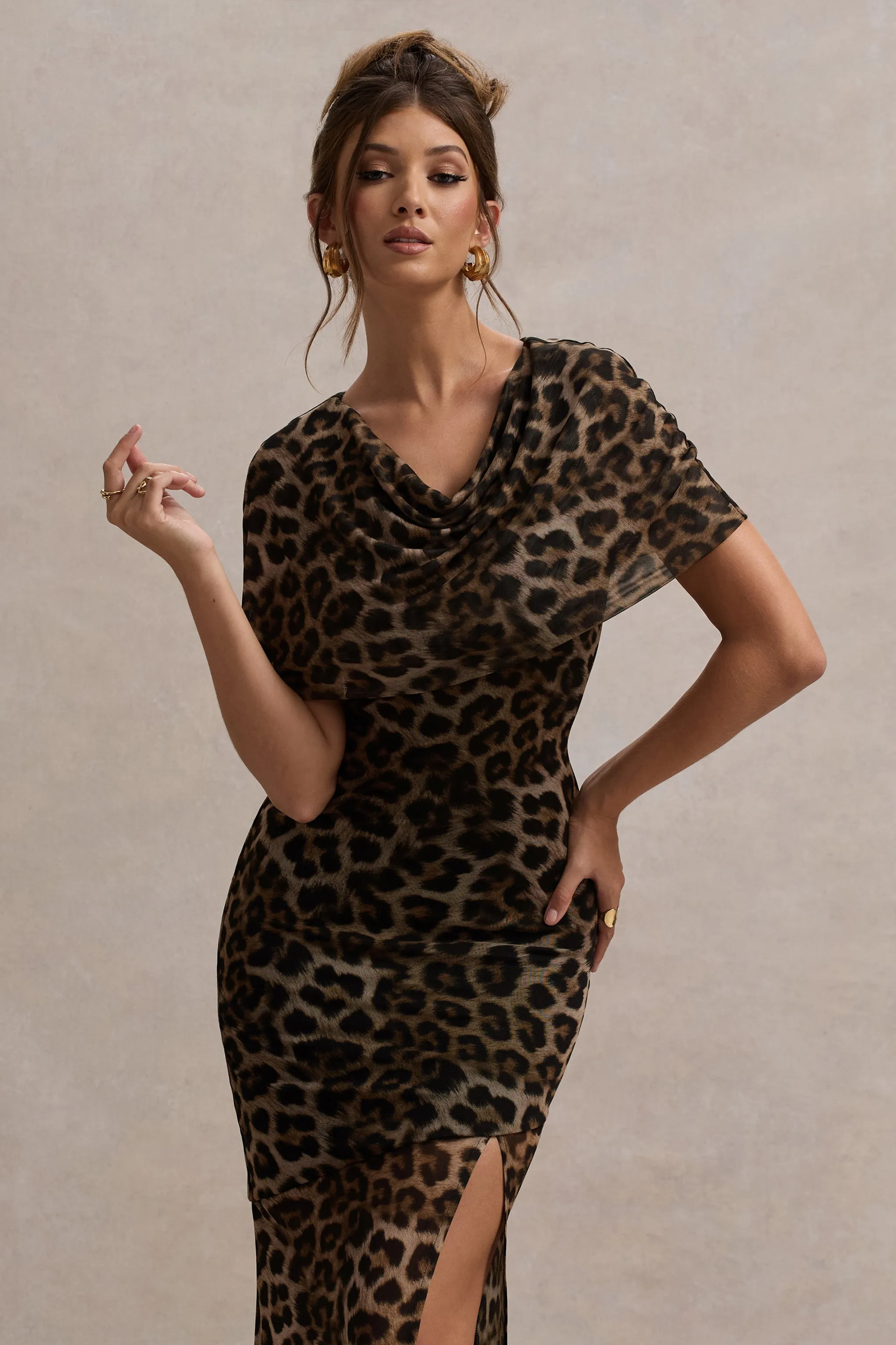 Gomez | Leopard Print Mesh Cowl-Neck Split Maxi Dress sold by Club L London product image thumbnail 3