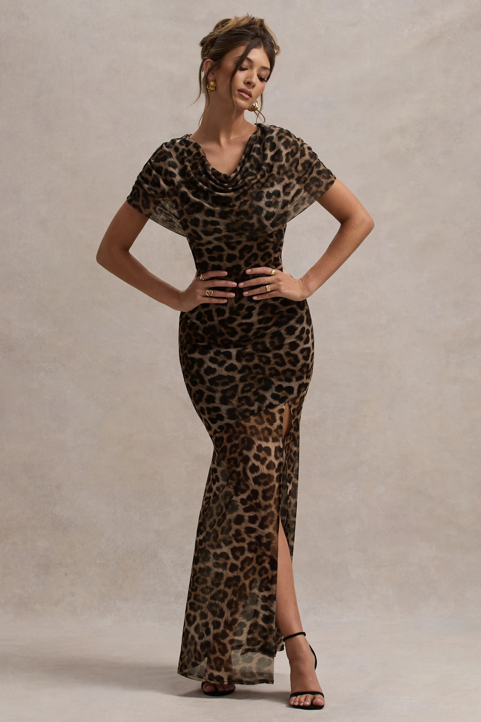 Gomez | Leopard Print Mesh Cowl-Neck Split Maxi Dress sold by Club L London product image thumbnail 5