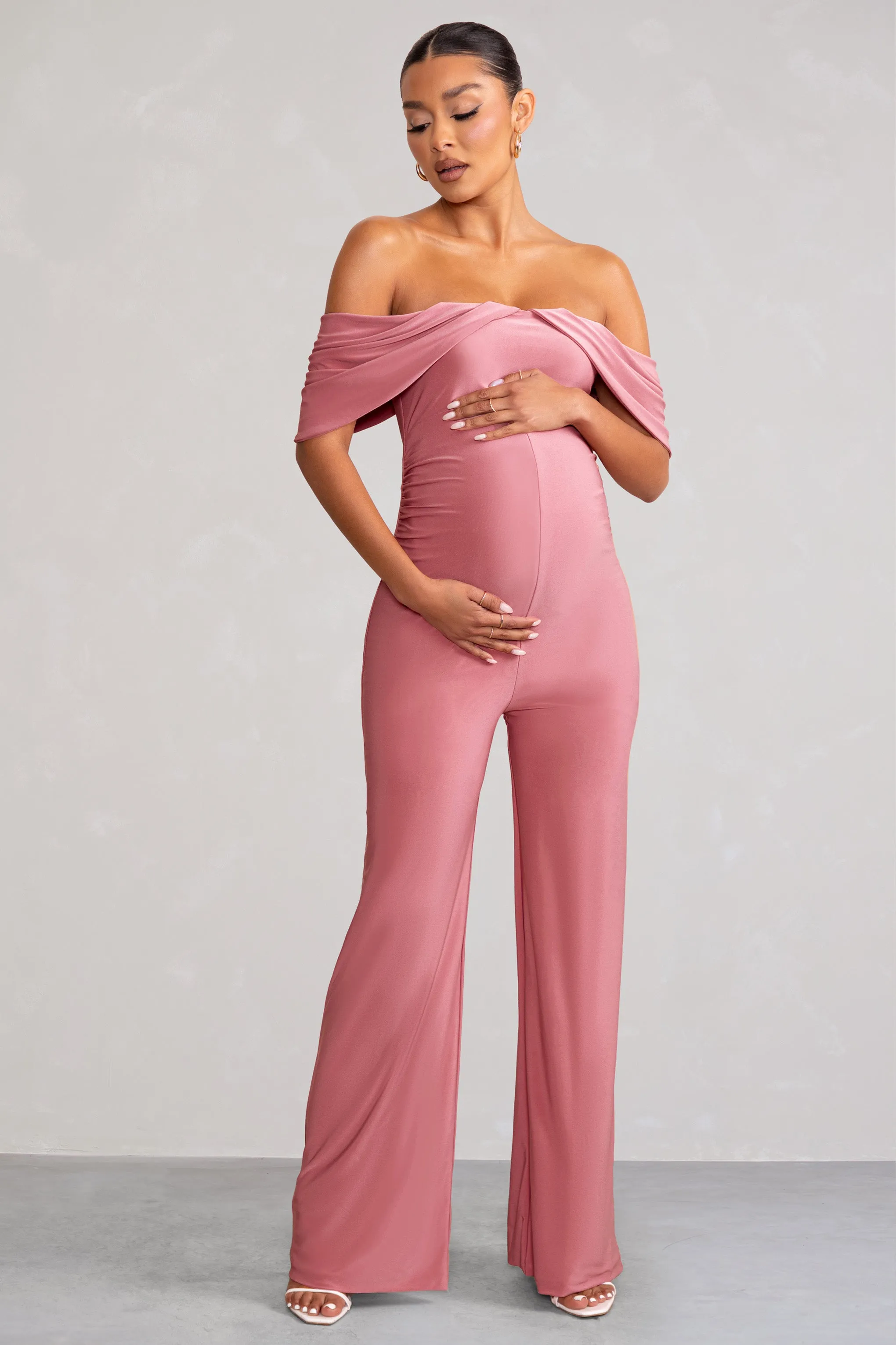 Renata | Blush Pink Draped Sleeve Bardot Maternity Jumpsuit sold by Club L London
