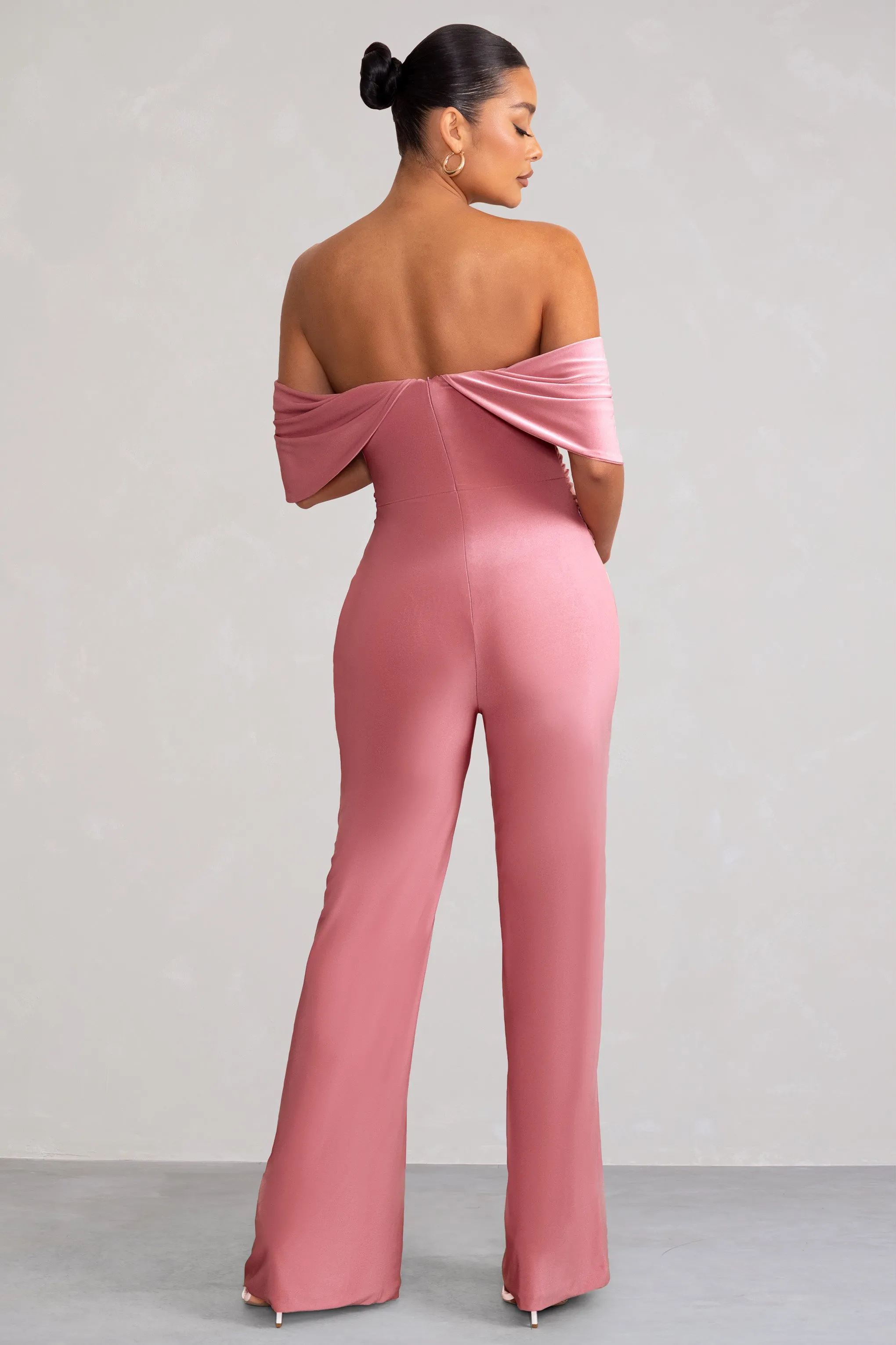 Renata | Blush Pink Draped Sleeve Bardot Maternity Jumpsuit sold by Club L London product image thumbnail 4