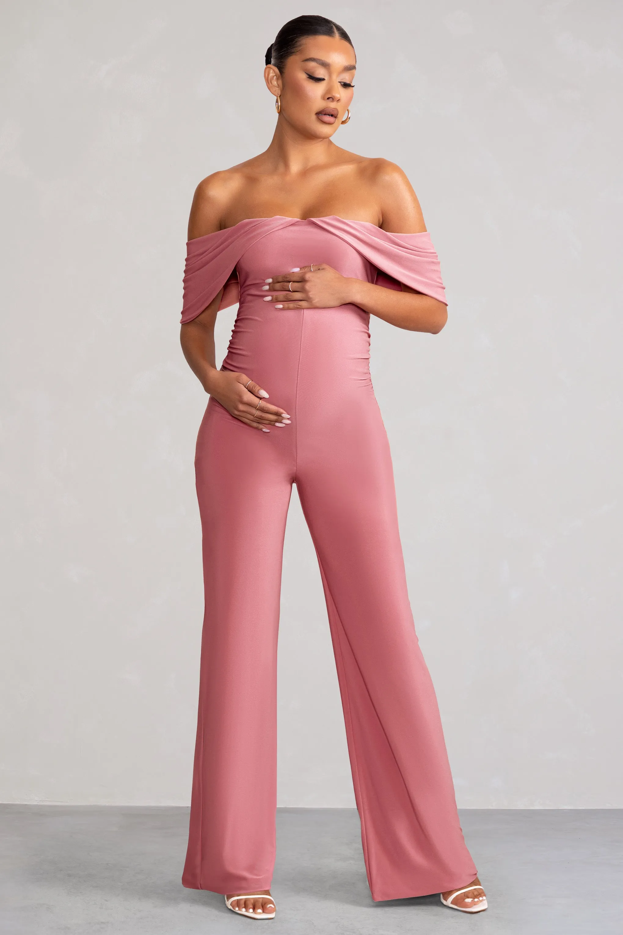 Renata | Blush Pink Draped Sleeve Bardot Maternity Jumpsuit sold by Club L London product image thumbnail 3