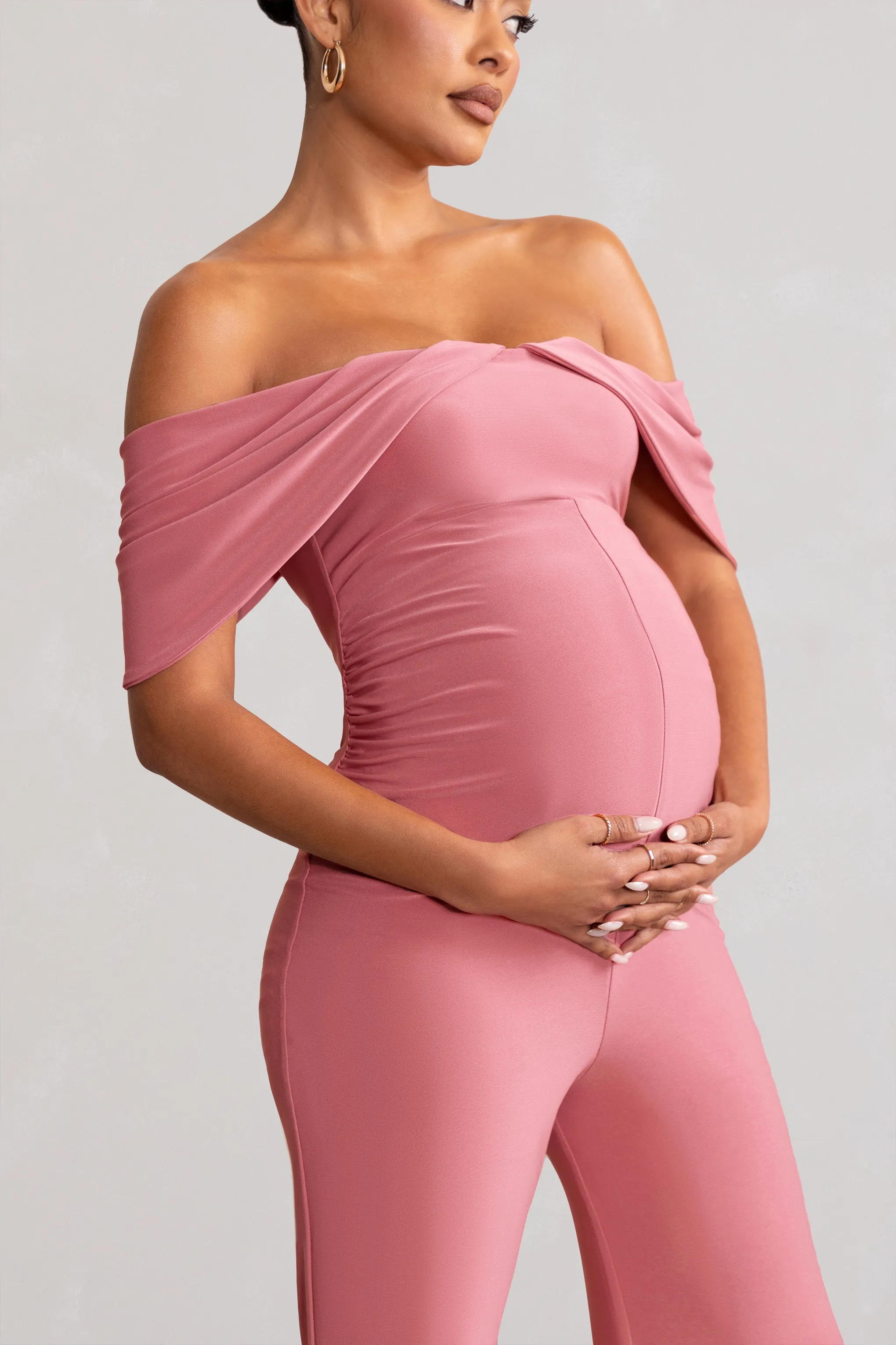 Renata | Blush Pink Draped Sleeve Bardot Maternity Jumpsuit sold by Club L London product image thumbnail 2