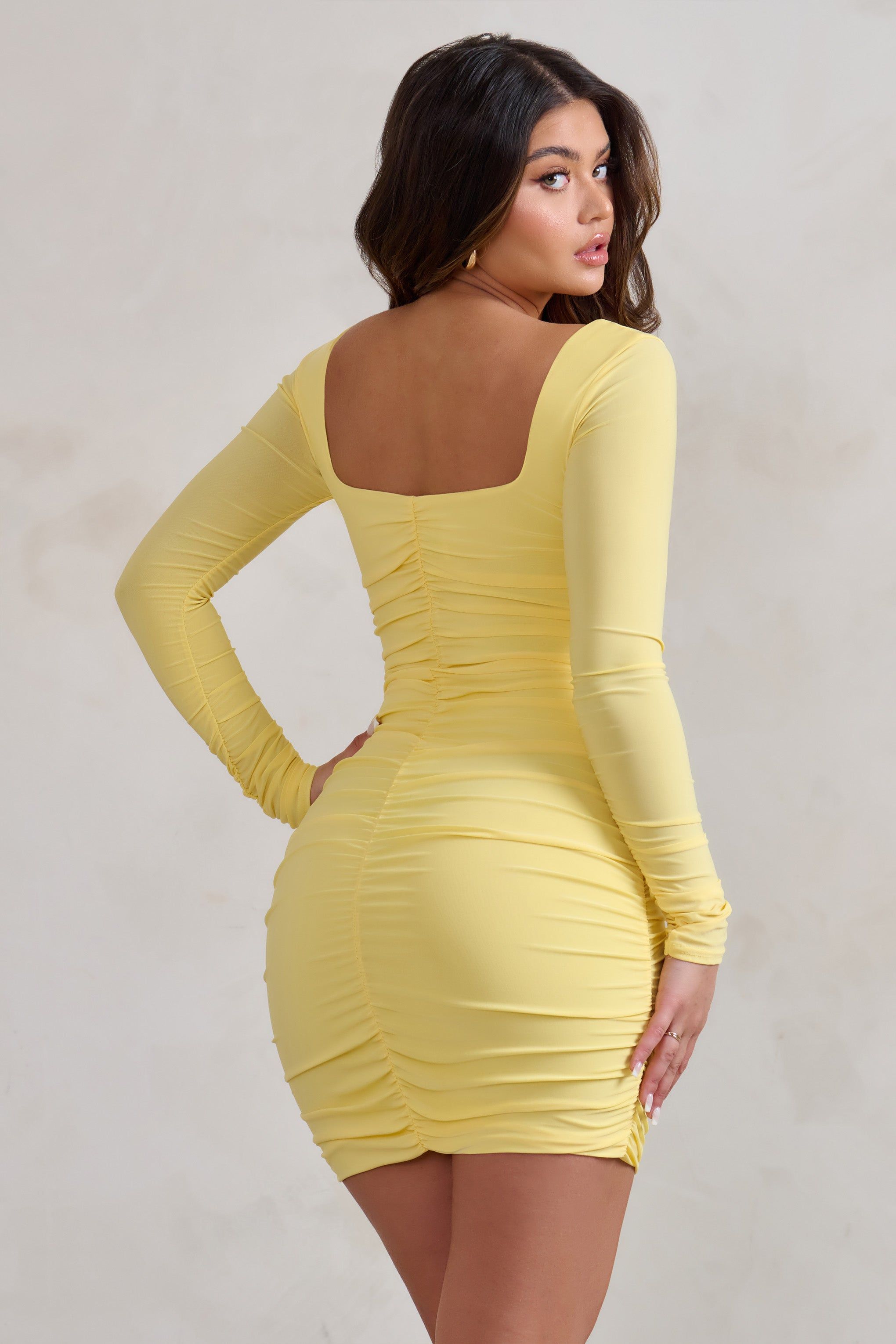 Muse | Lemon Long Sleeve Square Neck Ruched Mini Dress sold by Club L London product image thumbnail 2