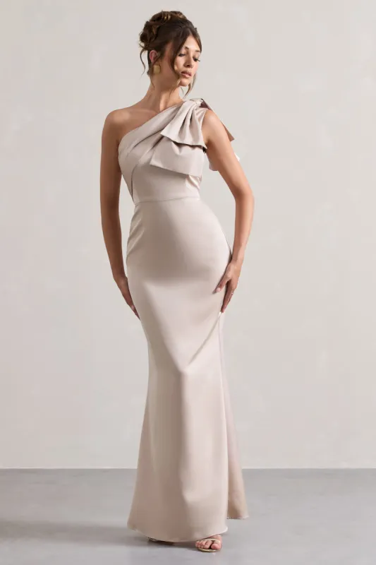 Lady | Champagne Satin One Shoulder Maxi Dress With Bow sold by Club L London