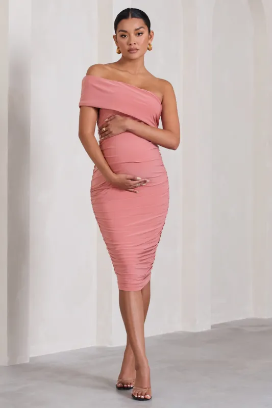 Remember Me | Pink Maternity One Shoulder Midi Dress sold by Club L London
