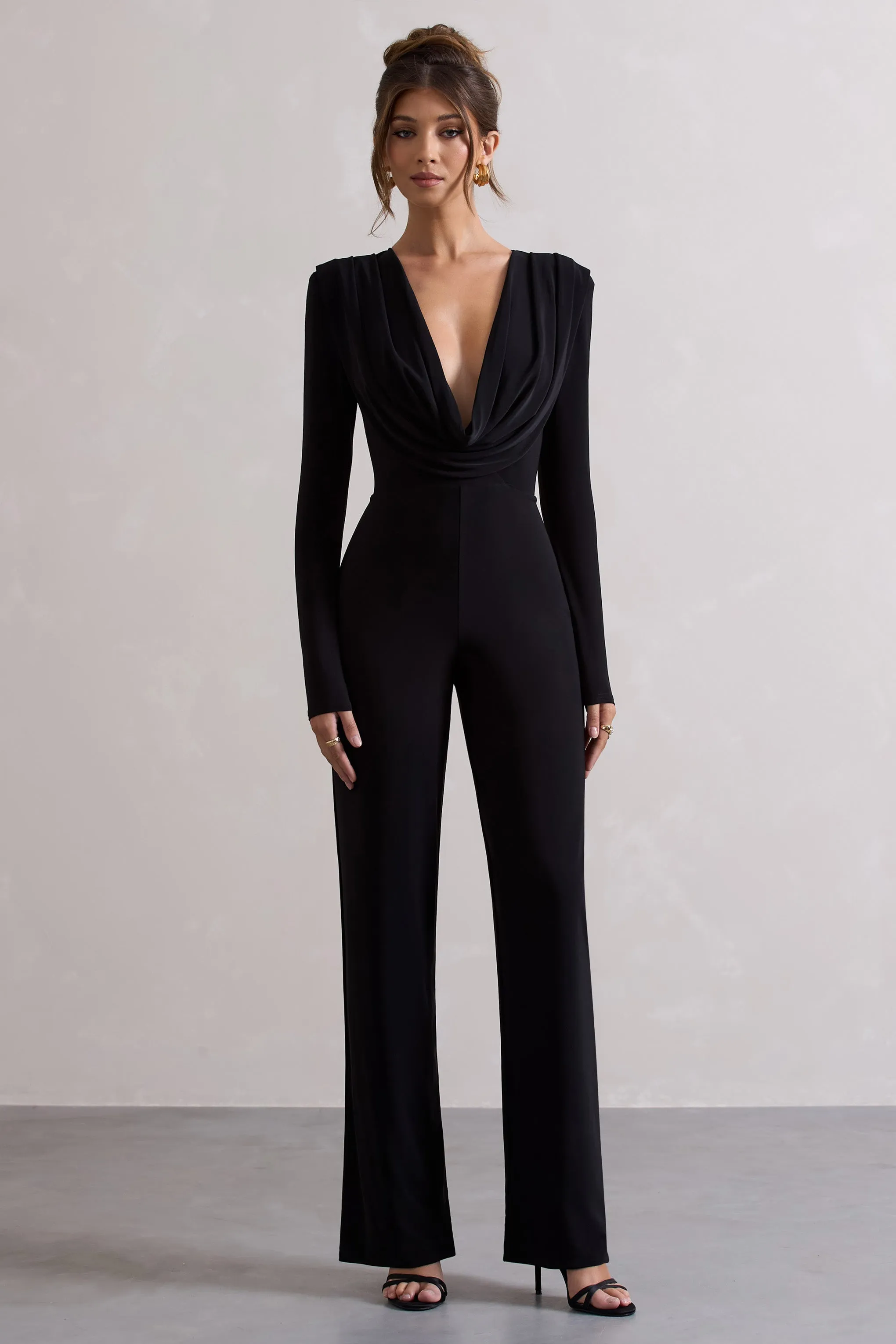 Elisha | Black Plunge-Neck Wide-Leg Jumpsuit sold by Club L London product image thumbnail 4