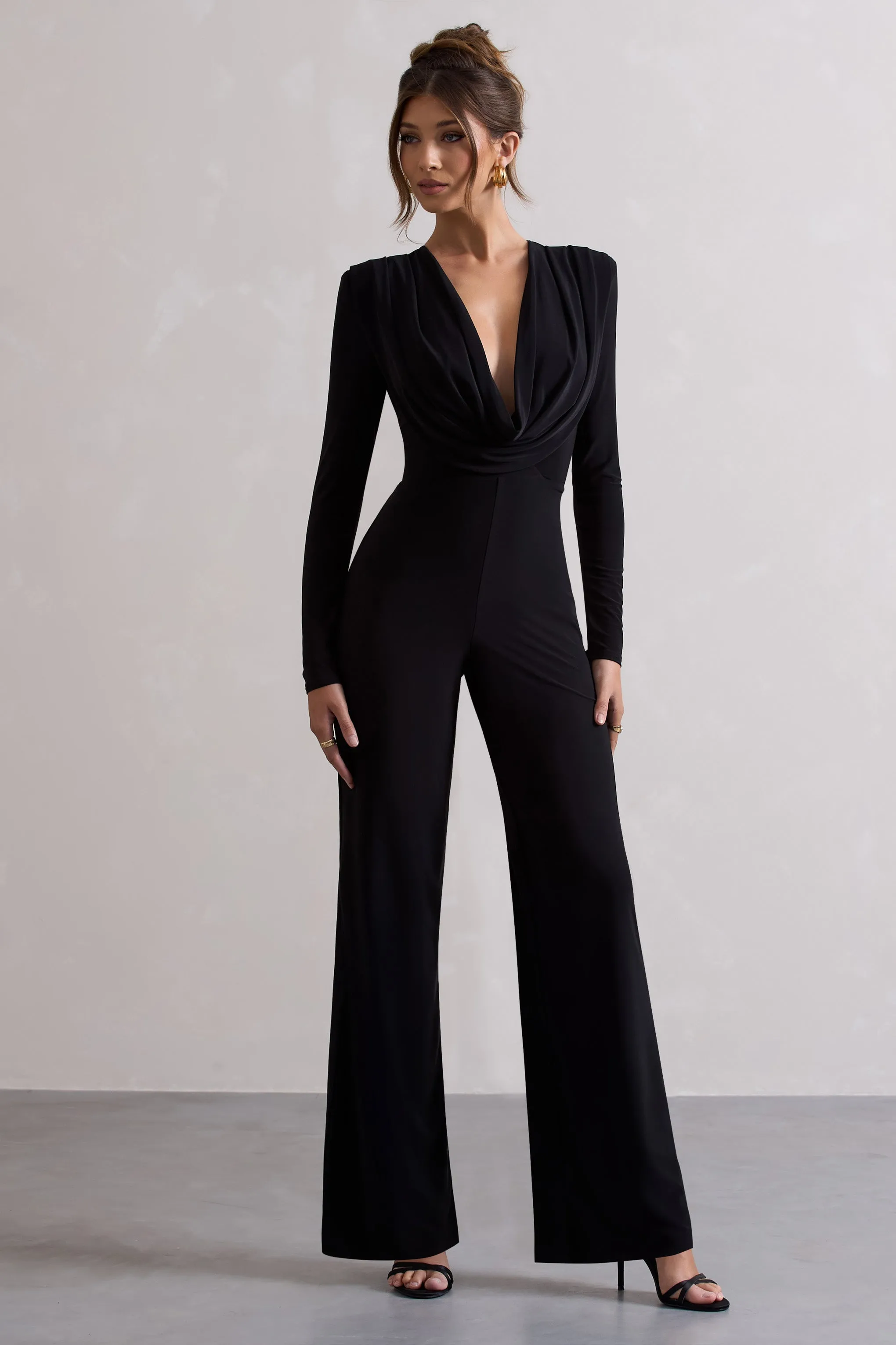 Elisha | Black Plunge-Neck Wide-Leg Jumpsuit sold by Club L London