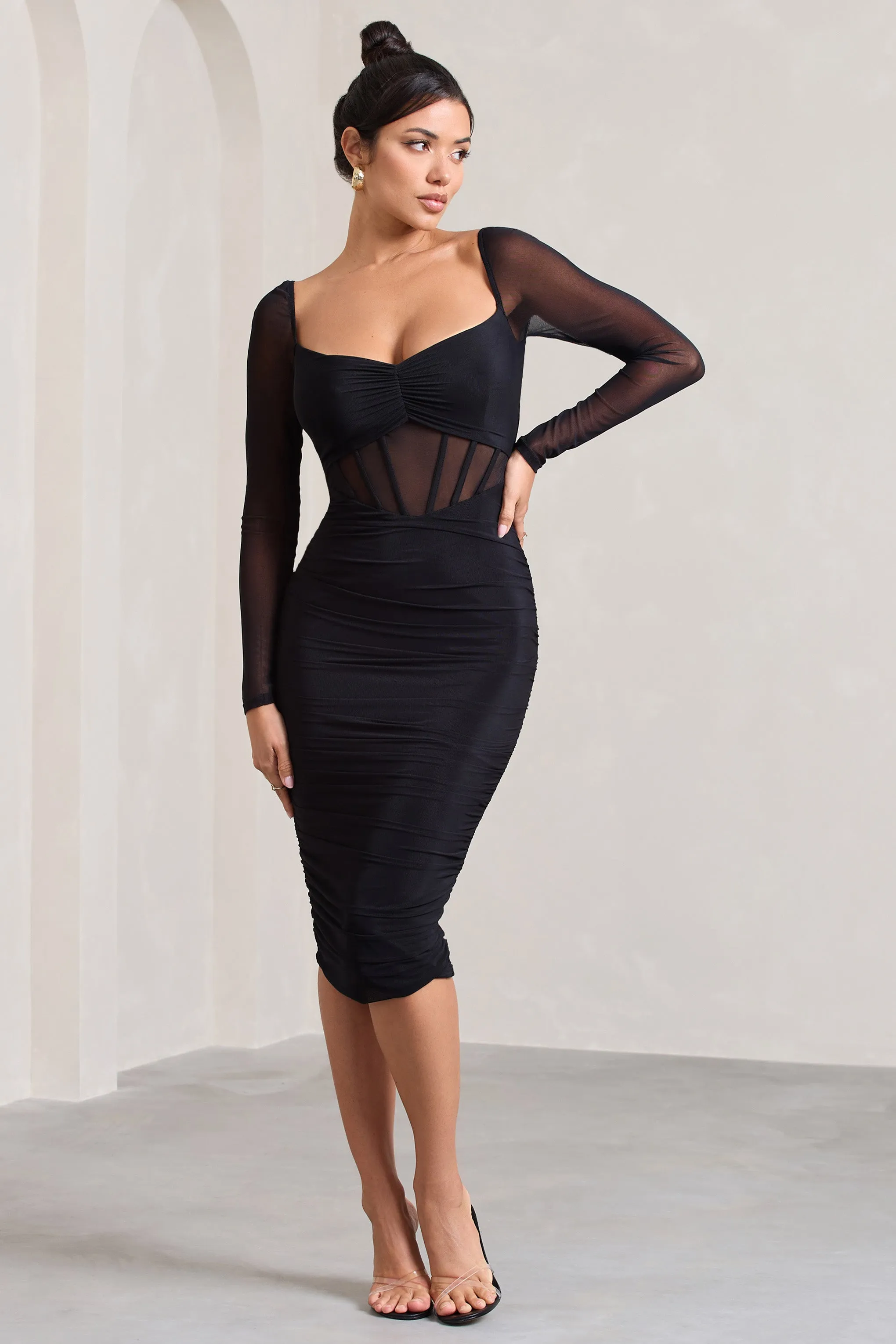 Hourglass Shape Black Ruched Mesh Bardot Bodycon Dress Shape Black