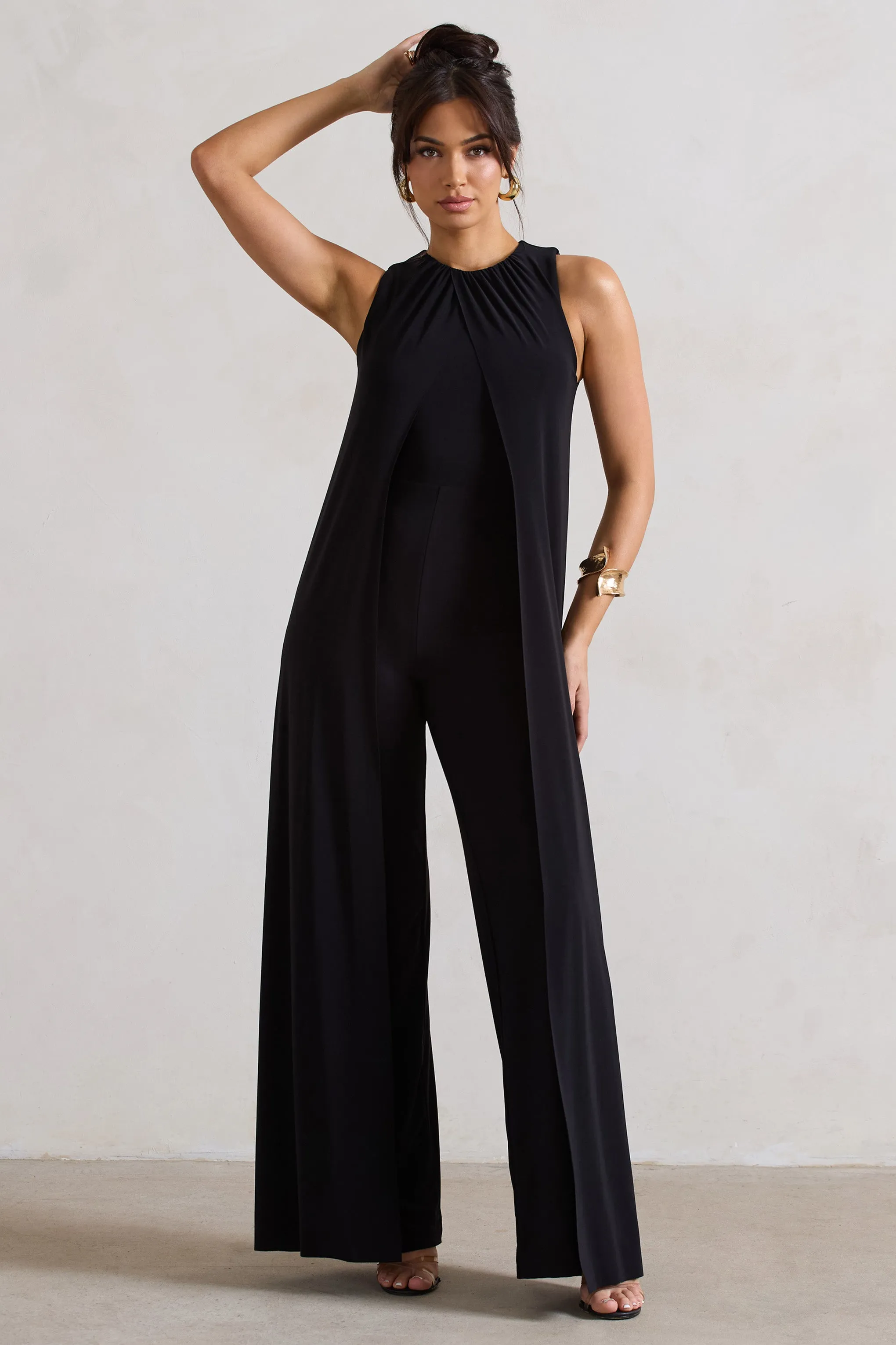 Essence | Black High-Neck Wide-Leg Jumpsuit With Cape sold by Club L London product image thumbnail 4