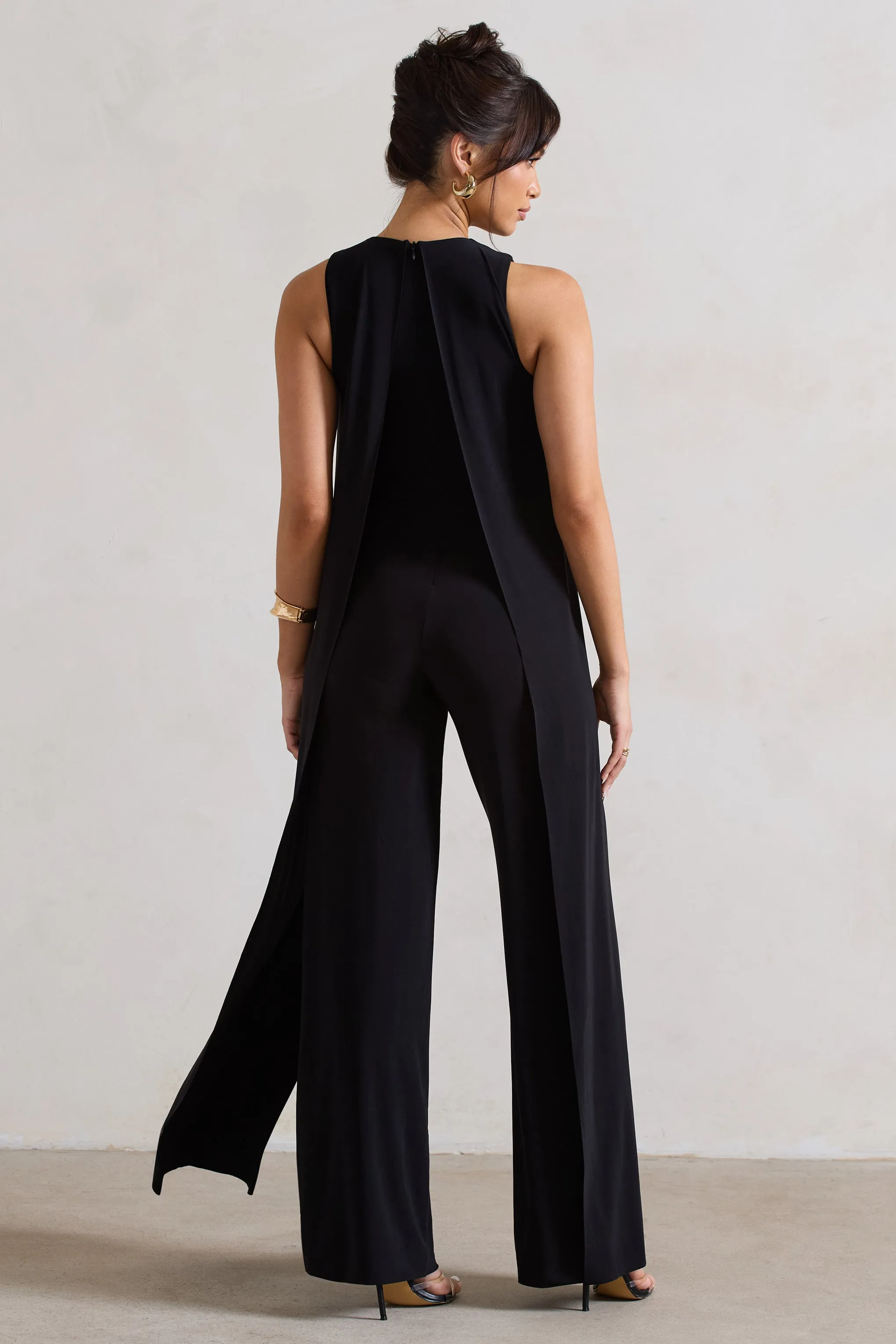 Essence | Black High-Neck Wide-Leg Jumpsuit With Cape sold by Club L London product image thumbnail 2