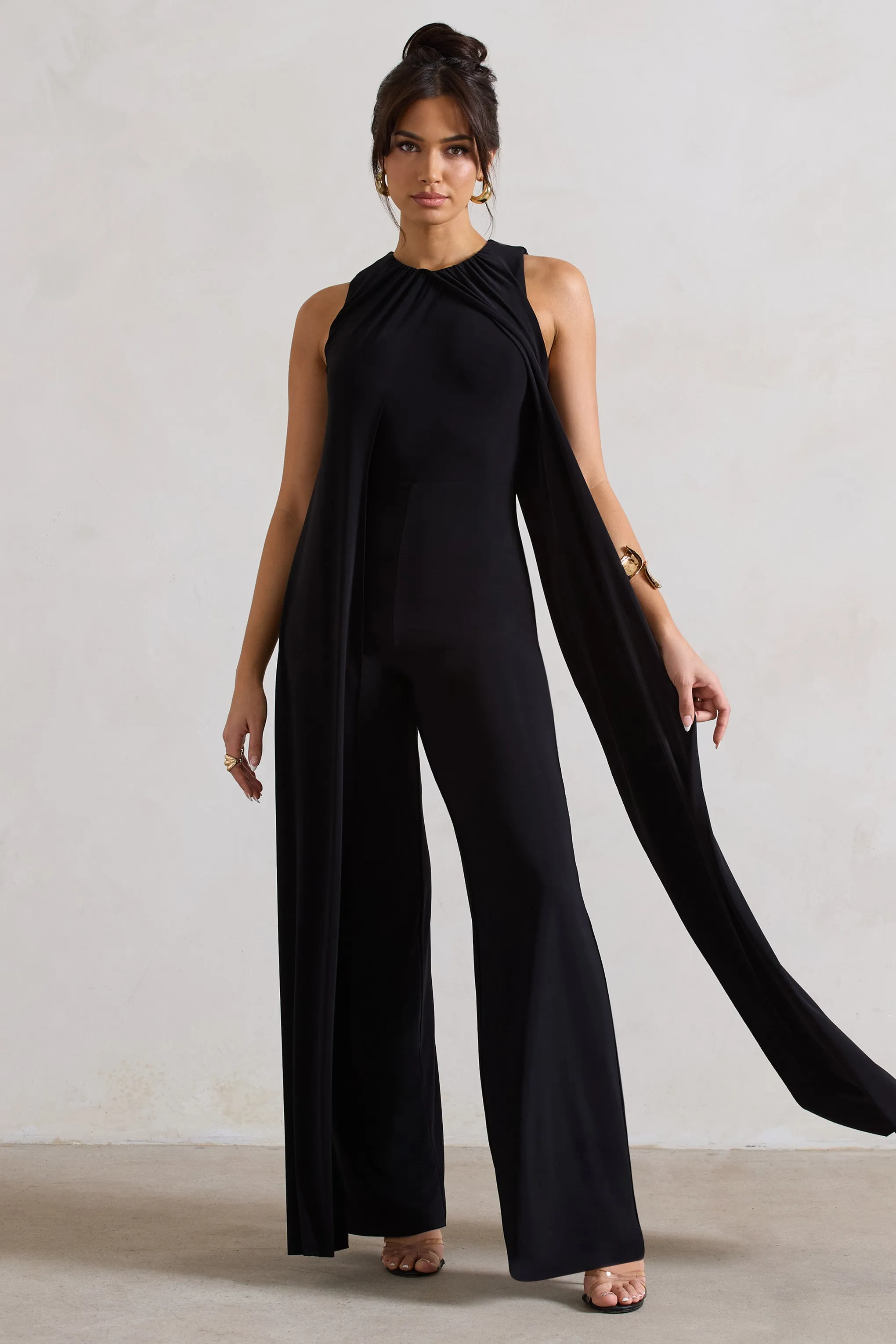 Essence | Black High-Neck Wide-Leg Jumpsuit With Cape sold by Club L London