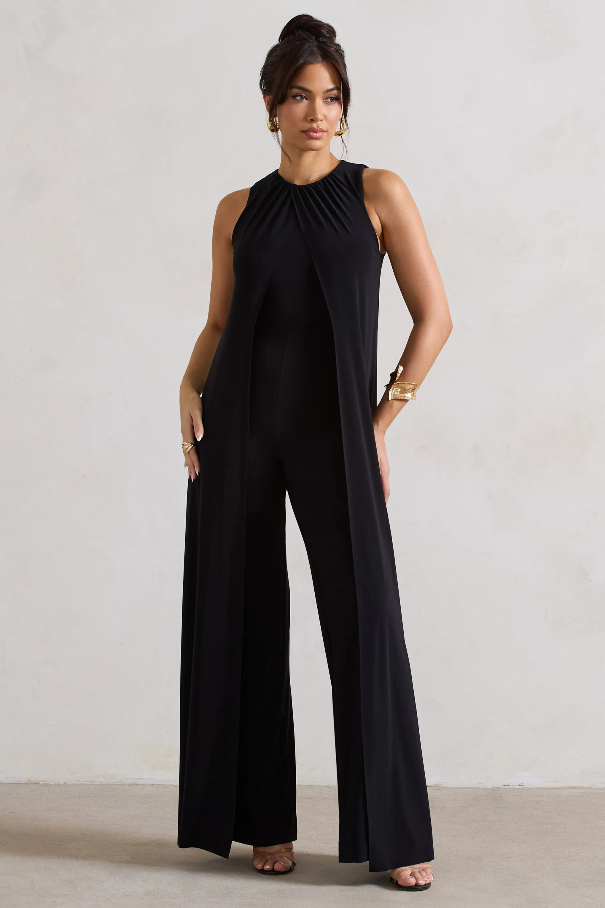 Essence | Black High-Neck Wide-Leg Jumpsuit With Cape sold by Club L London product image thumbnail 5