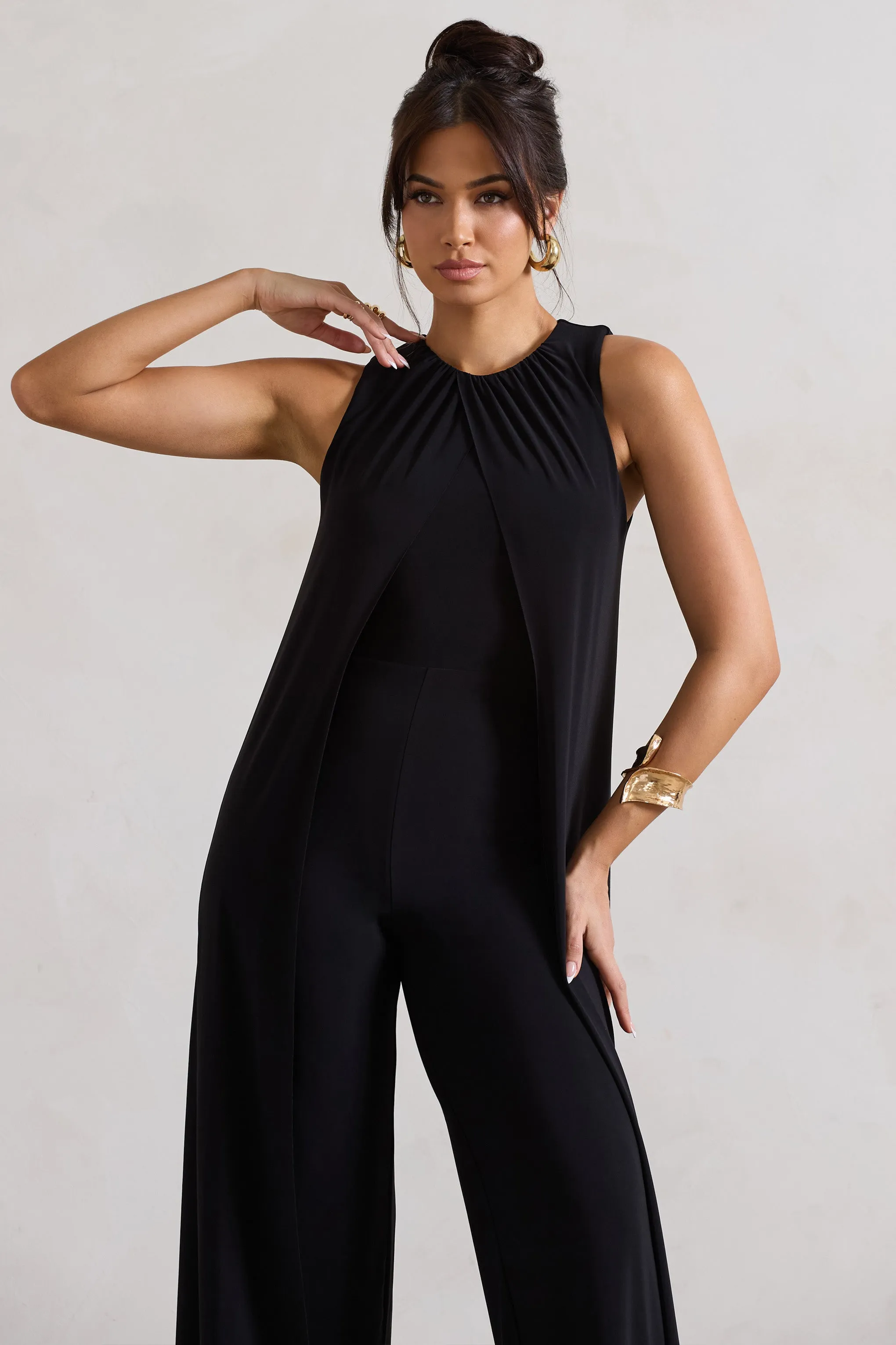 Essence | Black High-Neck Wide-Leg Jumpsuit With Cape sold by Club L London product image thumbnail 3
