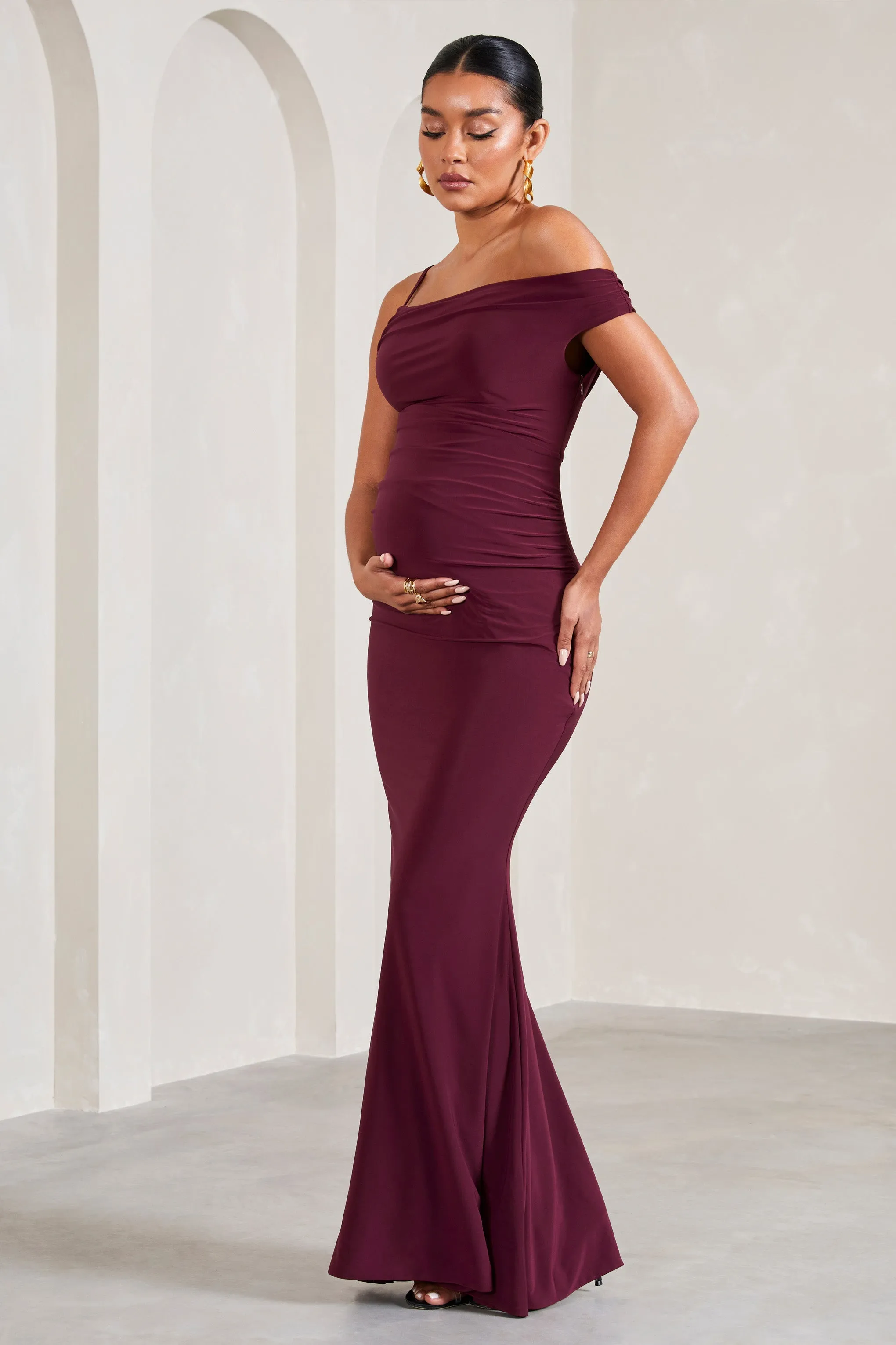 My Wish | Burgundy Strappy Asymmetric Maternity Maxi Dress sold by Club L London product image thumbnail 4