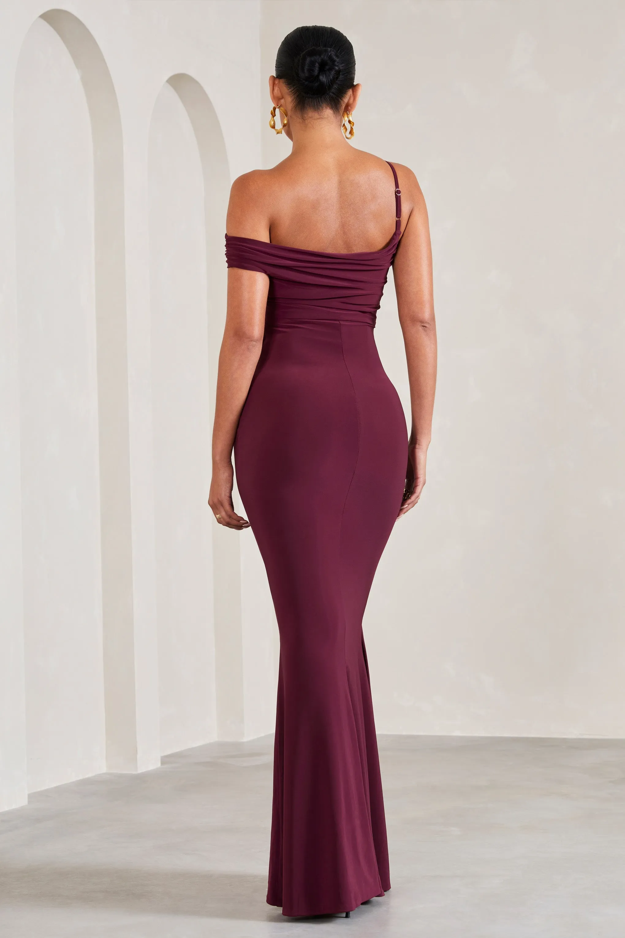 My Wish | Burgundy Strappy Asymmetric Maternity Maxi Dress sold by Club L London product image thumbnail 2