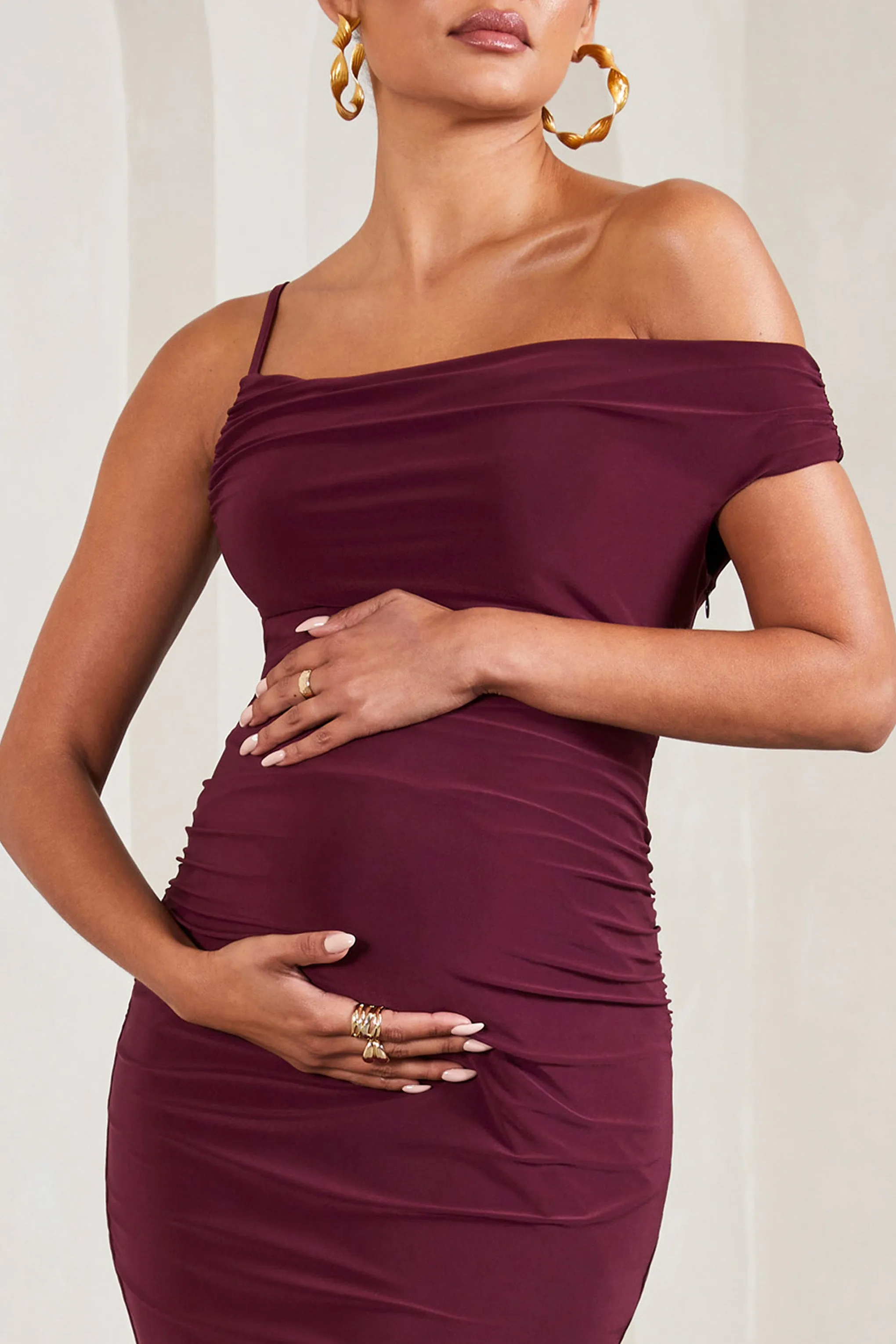 My Wish | Burgundy Strappy Asymmetric Maternity Maxi Dress sold by Club L London product image thumbnail 3