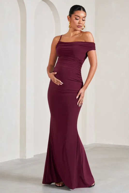 My Wish | Burgundy Strappy Asymmetric Maternity Maxi Dress sold by Club L London
