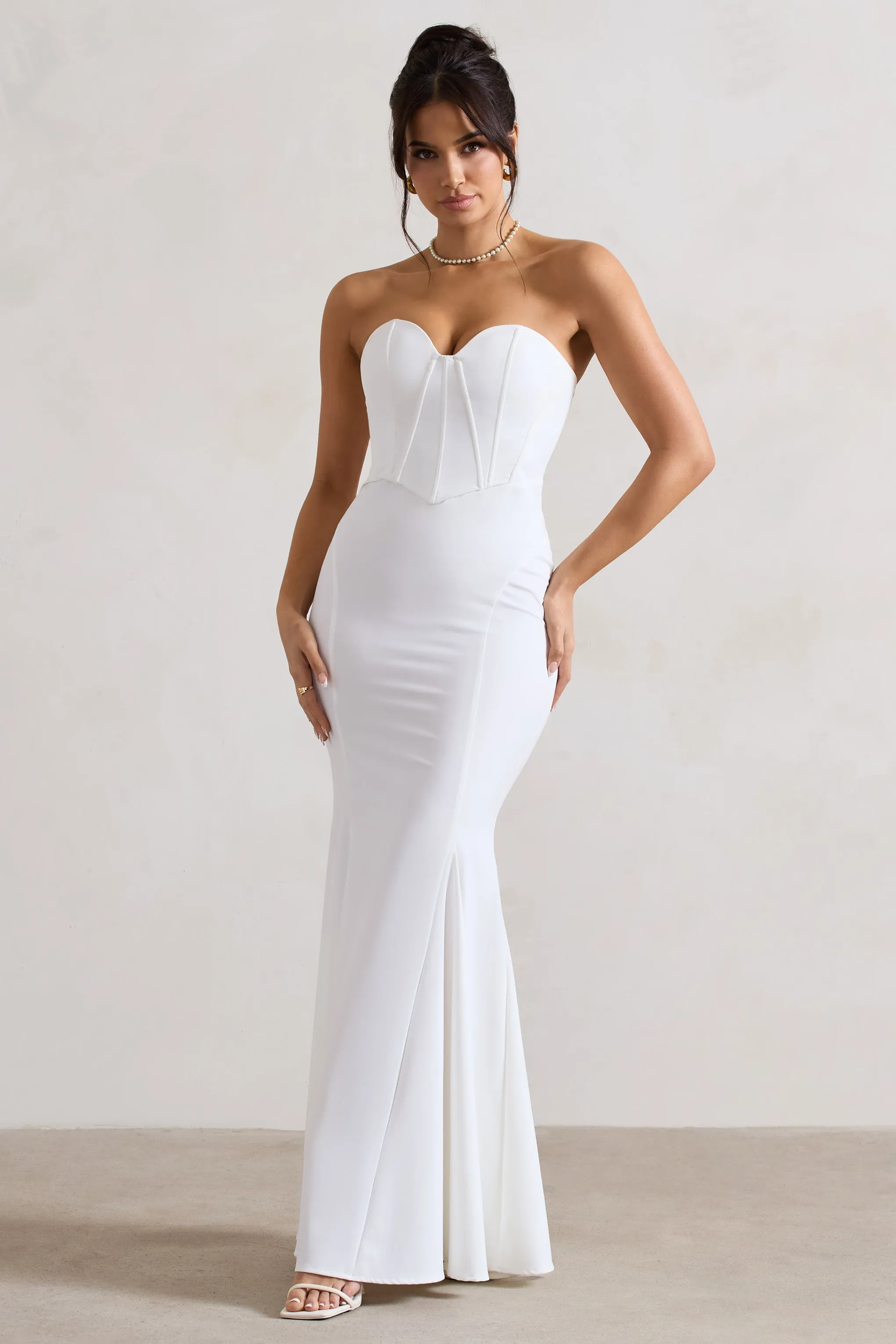Idyllic | Cream Strapless Corset Style Fishtail Maxi Dress sold by Club L London