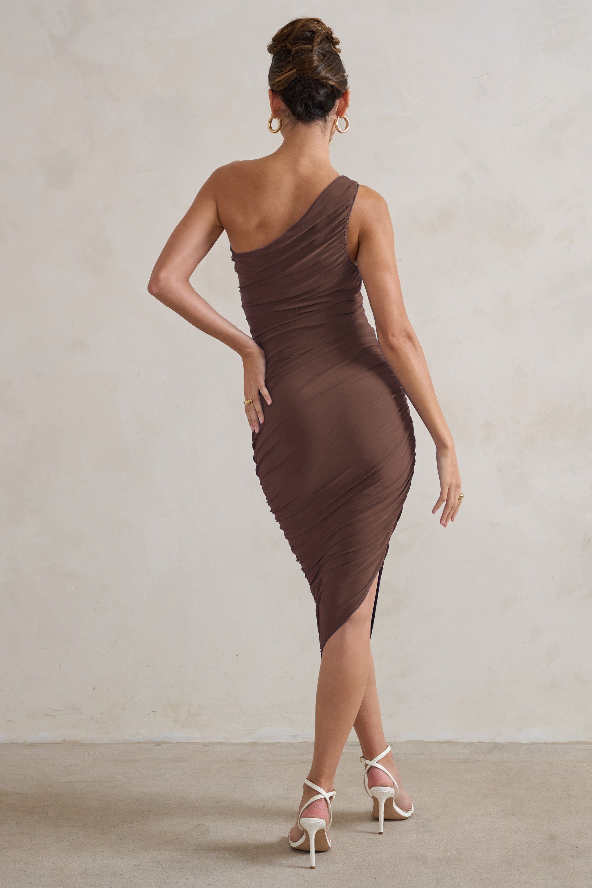 Dorit | Chocolate One Shoulder Asymmetric Ruched Midi Dress sold by Club L London product image thumbnail 2