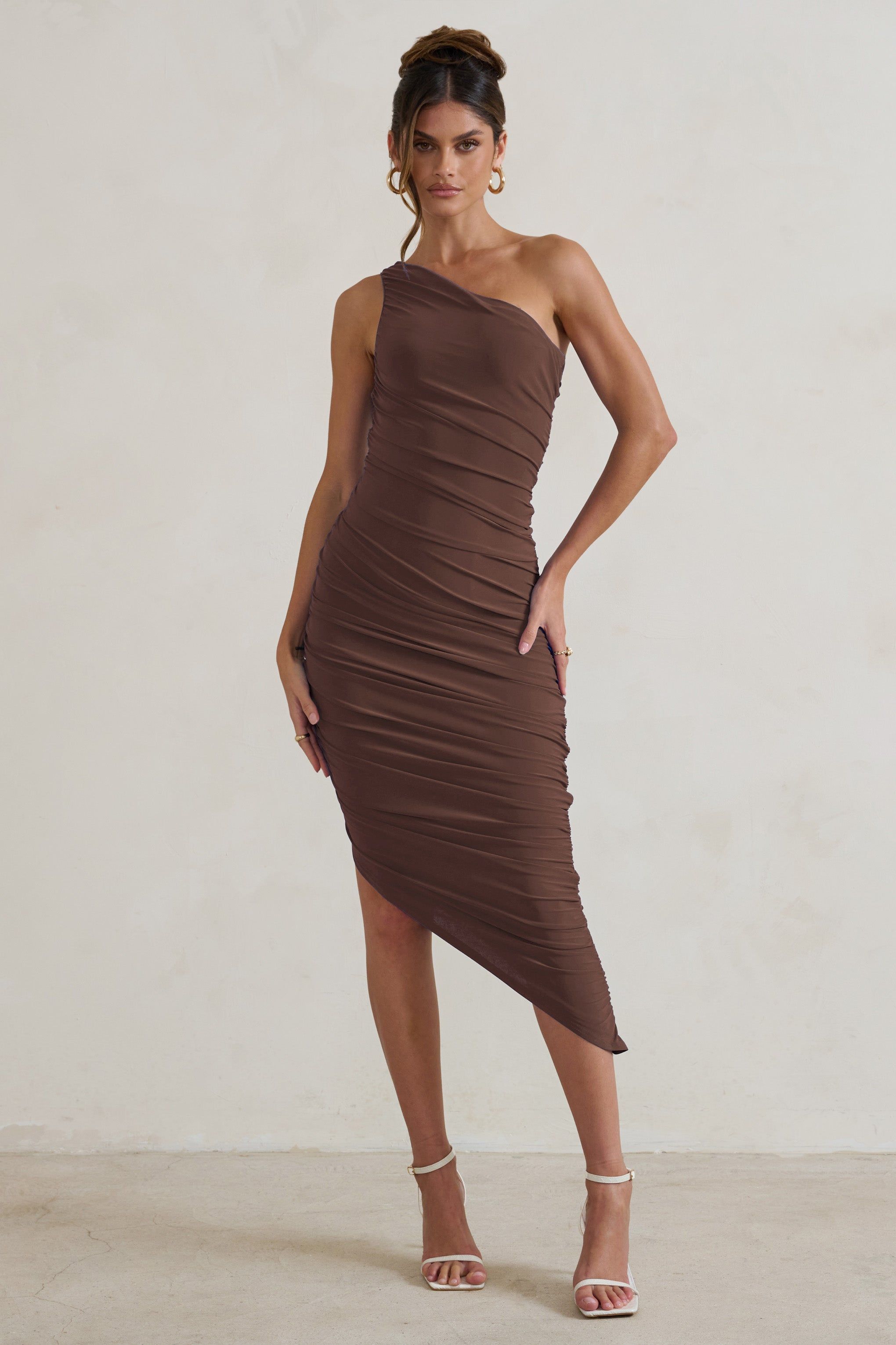 Dorit | Chocolate One Shoulder Asymmetric Ruched Midi Dress sold by Club L London product image thumbnail 5