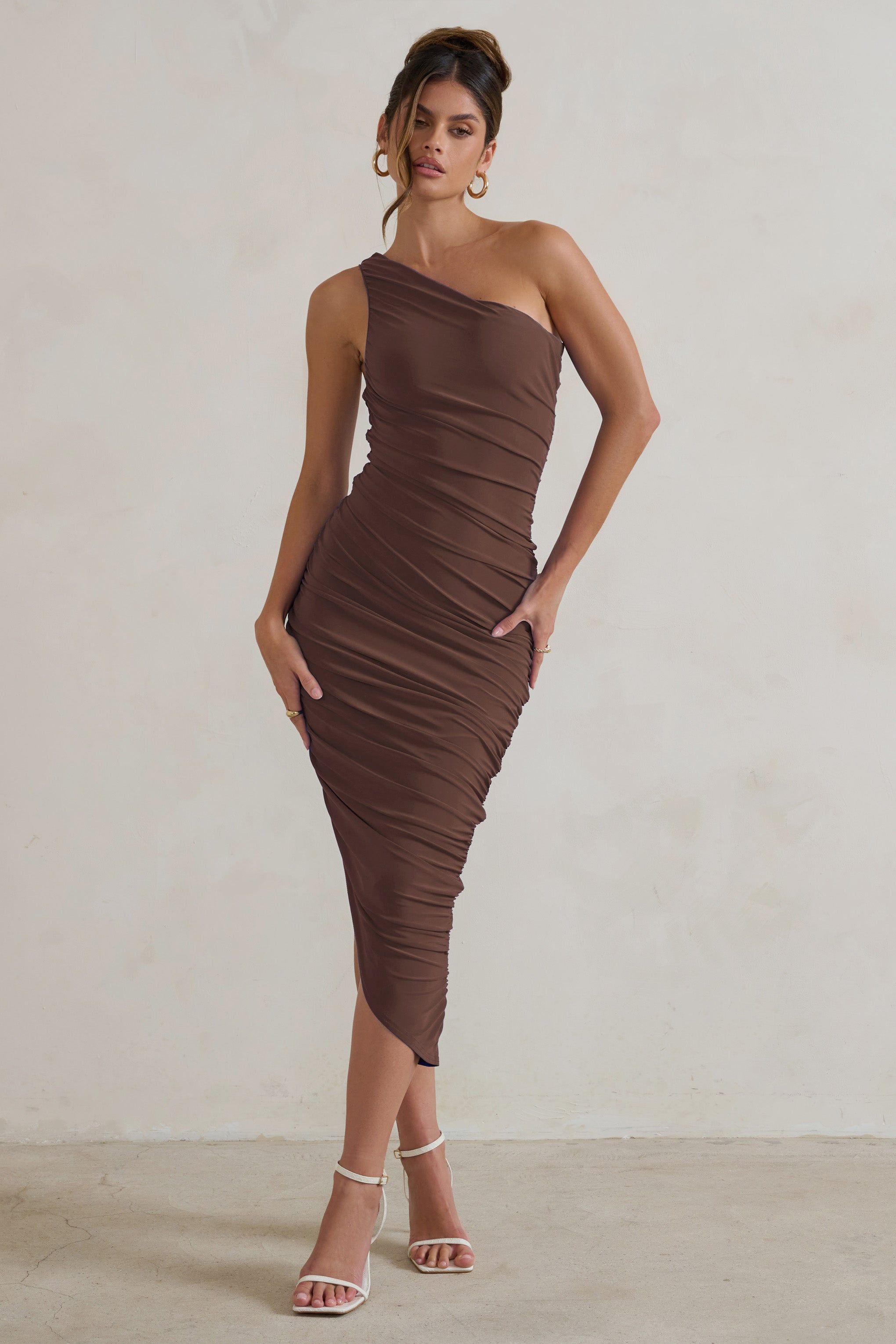 Dorit | Chocolate One Shoulder Asymmetric Ruched Midi Dress sold by Club L London product image thumbnail 4