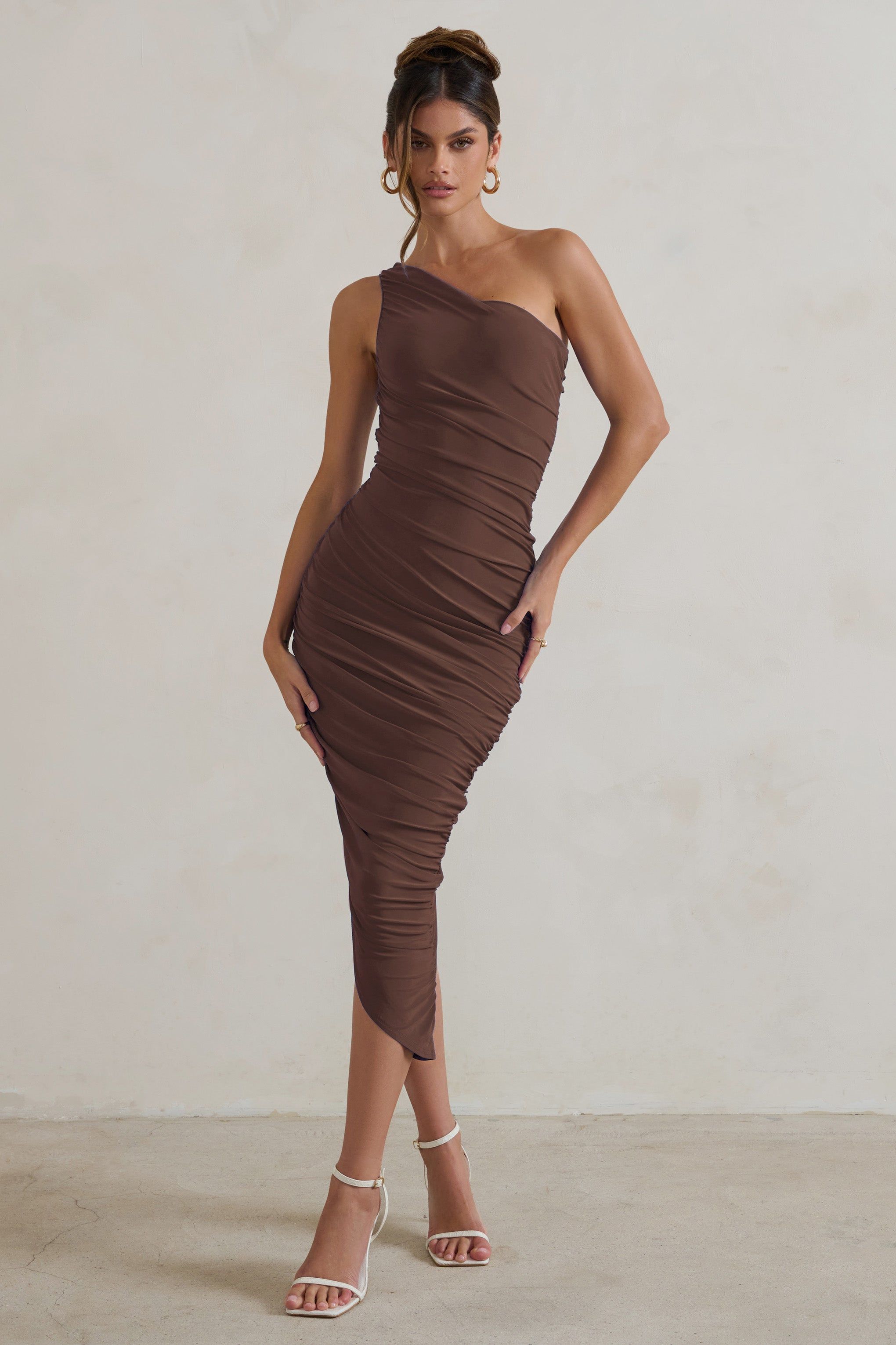 Dorit | Chocolate One Shoulder Asymmetric Ruched Midi Dress sold by Club L London