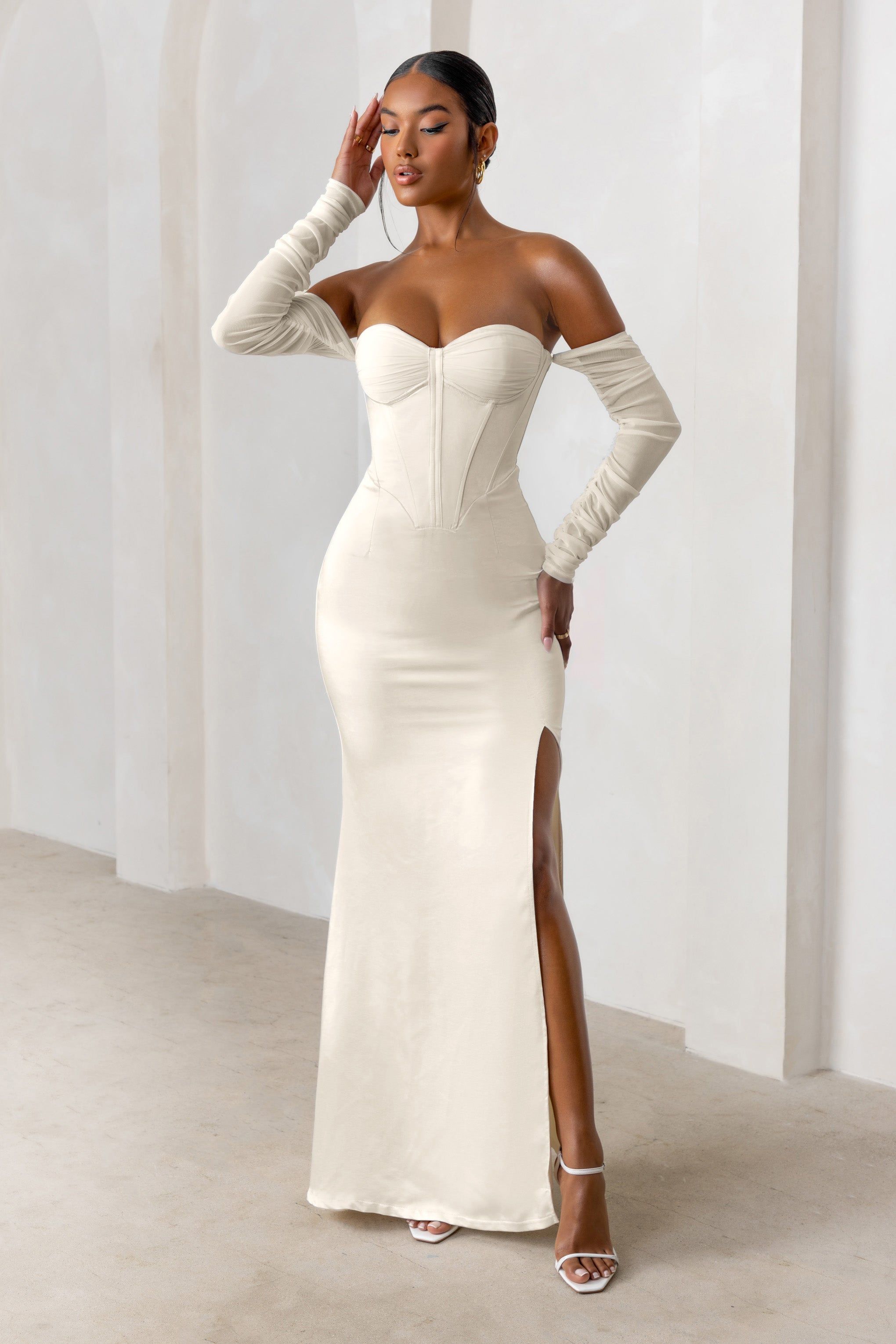 My Prize | Cream Satin Bardot Mesh Long Sleeves Maxi Dress With Thigh Split sold by Club L London