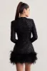Claudia | Black Sequin High Neck Feather Hem Mini Dress With Long Sleeves sold by Club L London