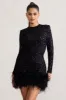 Claudia | Black Sequin High Neck Feather Hem Mini Dress With Long Sleeves sold by Club L London