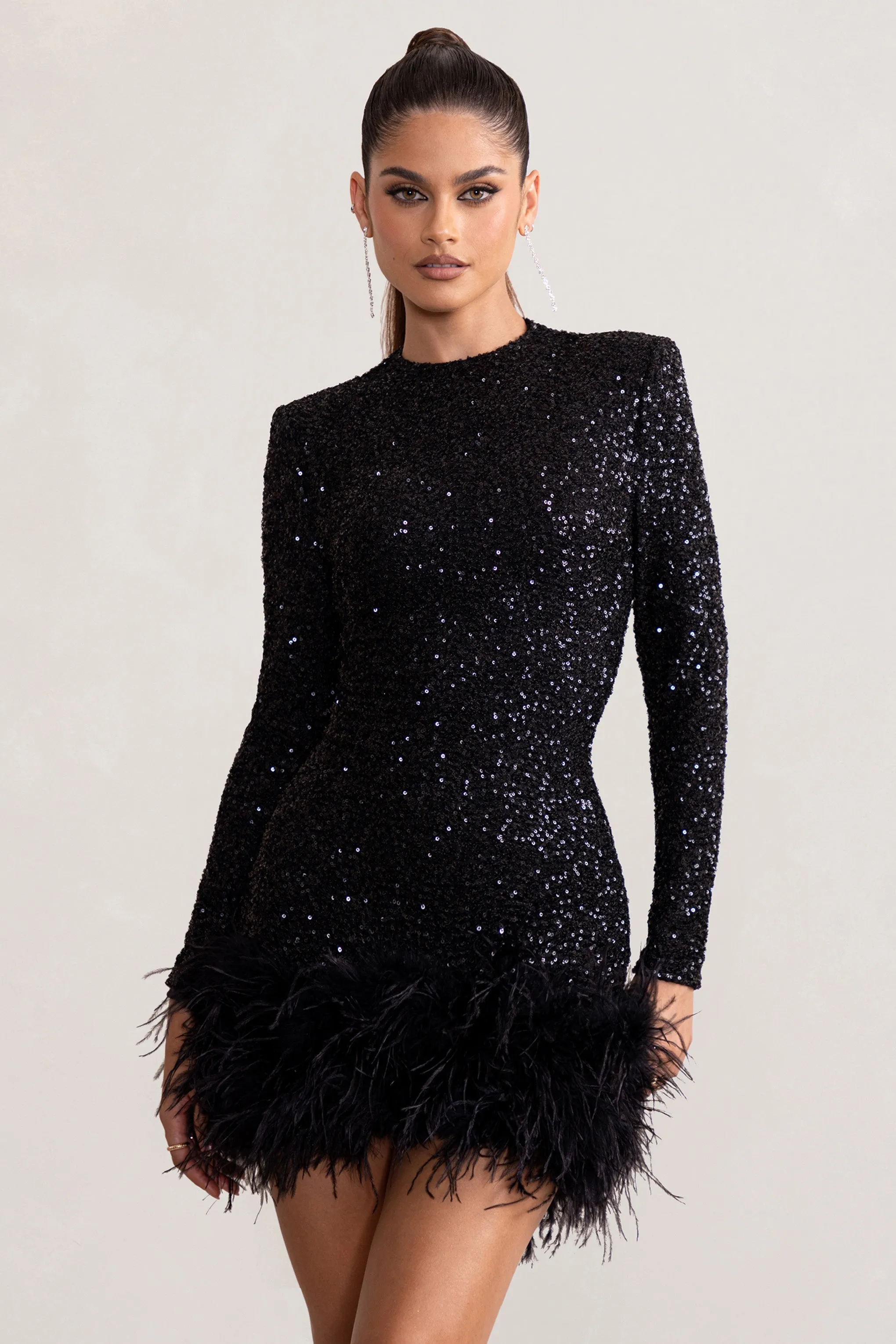Claudia | Black Sequin High Neck Feather Hem Mini Dress With Long Sleeves sold by Club L London product image thumbnail 4