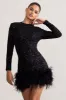 Claudia | Black Sequin High Neck Feather Hem Mini Dress With Long Sleeves sold by Club L London