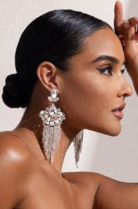 Jaquetta | Silver Crystal Statement Tassel Earrings sold by Club L London