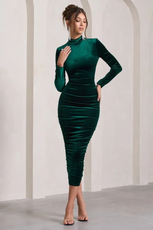 Joanna | Bottle Green Velvet High-Neck Backless Midi Dress sold by Club L London