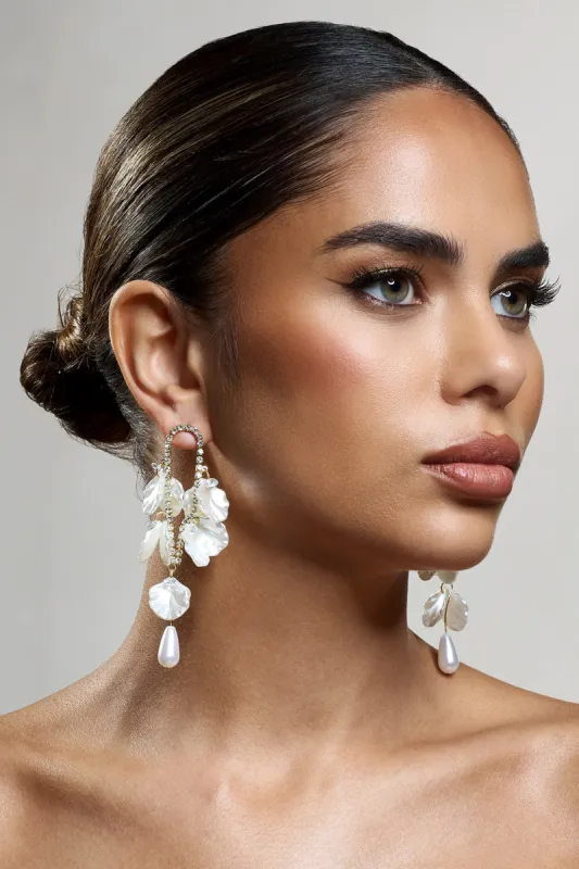 Lavinie | Gold Diamante Pearl Petal Dangle Earrings sold by Club L London